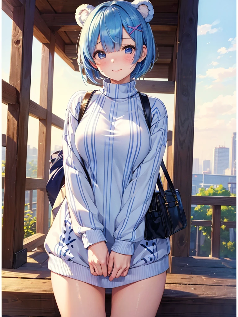 masterpiece,highest quality,High resolution ,1 girl,Rem, Re Zero, blue hair, short hair,straight hair, ((thin)),big breasts,white skin,(sweater(Animal pattern), Bear print,キャラクター柄のsweater),((border,stripe)),(clothing:sweaterのみ),bags under eyes,smile, embarrassed face,