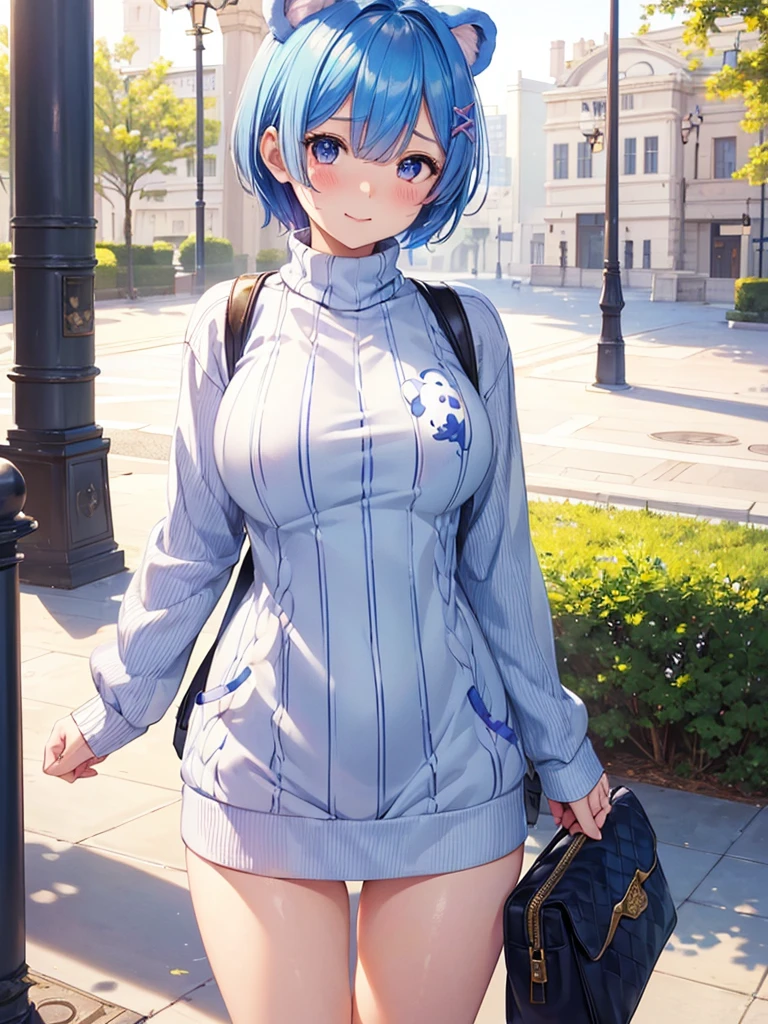 masterpiece,highest quality,High resolution ,1 girl,Rem, Re Zero, blue hair, short hair,straight hair, ((thin)),big breasts,white skin,(sweater(Animal pattern), Bear print,キャラクター柄のsweater),((border,stripe)),(clothing:sweaterのみ),bags under eyes,smile, embarrassed face,