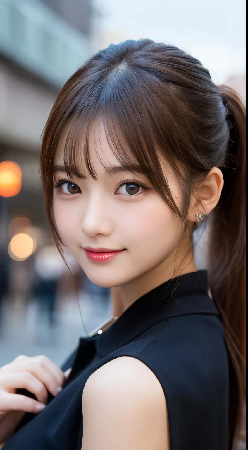 table top, highest quality, shape, Super detailed, finely, High resolution, 8k wallpaper, 完璧なダイナミックな構shape, beautiful and detailed eyes, Trendy Women's Winter Fashion,ponytail,small breasts natural color lip, sexy pose,smile,Harajuku、20 year old girl、sexy look for the camera