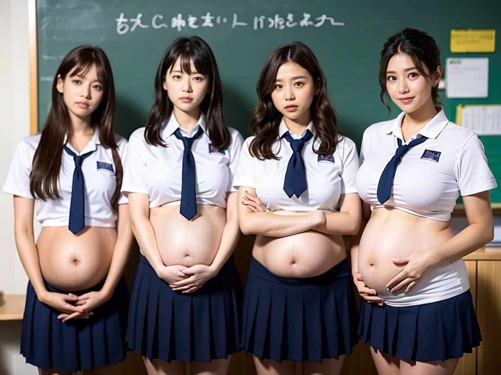 In classrooms，real natural light，Three female students wearing school uniforms，thin figure、（Pregnancy:1.5），（show their bellies:1.5)，Huge pregnant belly，from the front，fair skin，Realistic and detailed skin texture，（angry expression:1.4)，（looking into camera:1.5），Character centered，ultra high definition、4K、Hold your belly with your hands，Photo level