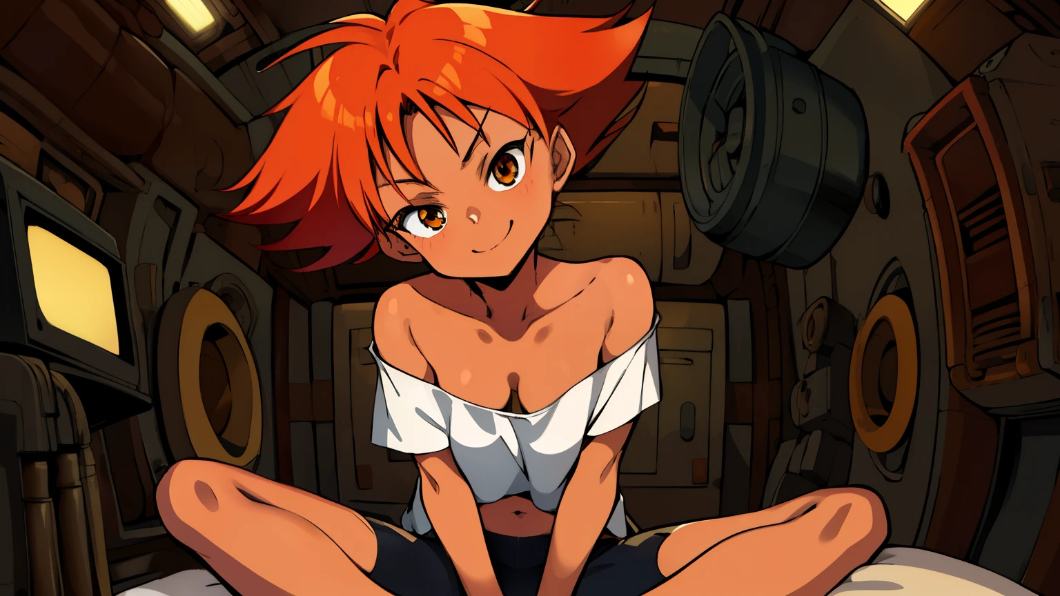 Edward,midriff,orange hair,white shirt,off shoulder,collarbone,tan skin, black bike shorts,goggles, brown eyes, space station,engine room, upper body,sitting, (((lotus position)))smiling, bedroom eyes, breasts, cleavage (insanely detailed, beautiful detailed face, masterpiece, best quality), ((18 years old))