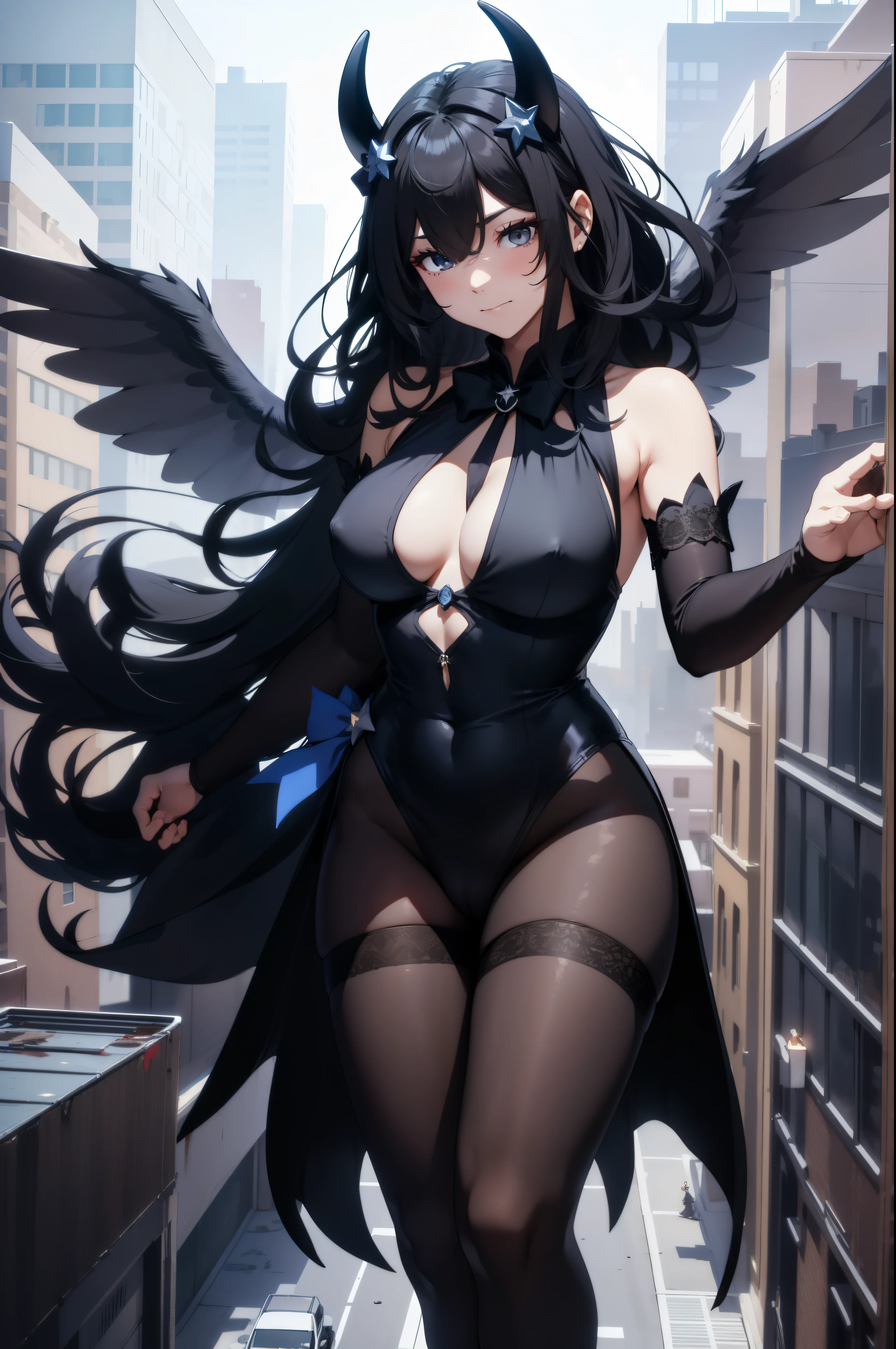 Aerial View，giant girl 50,000 feet high，Weight 1000kg，Has a pair of huge black angel wings，With huge devil horns on his head，Has waist-length black hair，loose hair，Big black wavy curls，black crown，Wearing a pair of black Mary Jane high heels，Black lace gloves，Black lace pantyhose，Bow and star embellished tights，黑色蕾丝whole body，Standing tall above the small town，Beautiful appearance，Exquisite makeup，quality，8k，高quality，Perfect proportion, Cinema lighting，film grain，Fuji colors，8k，textured skin，Super details，high detail，high resolution，fake smile，blood stains，脚底有blood stains，whole body，fat，feather