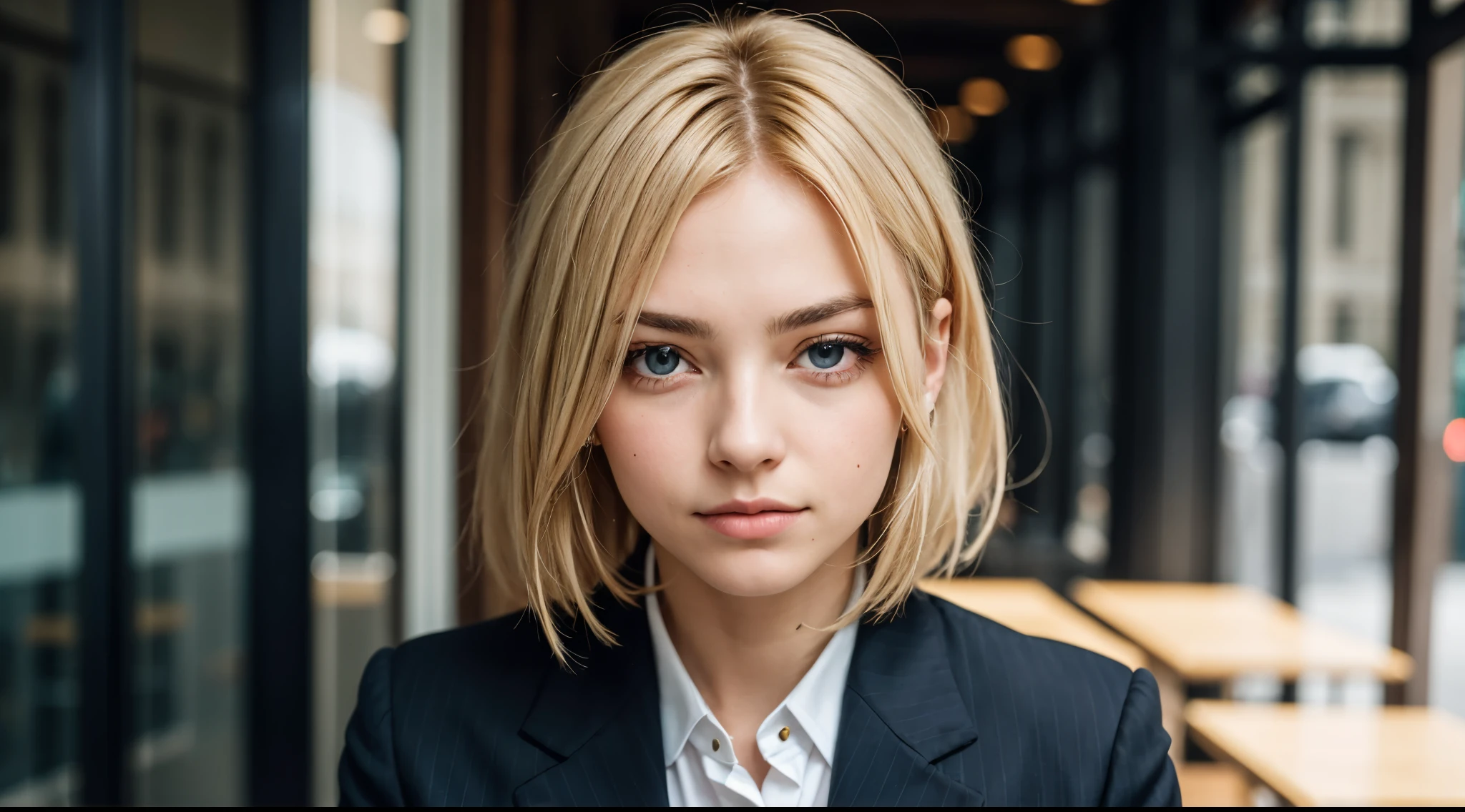 portrait of european girl,solo,20yo,beautiful face,uppser body,hair over one eye,medium sidecut, blonde hair, sharp focus,black business suit