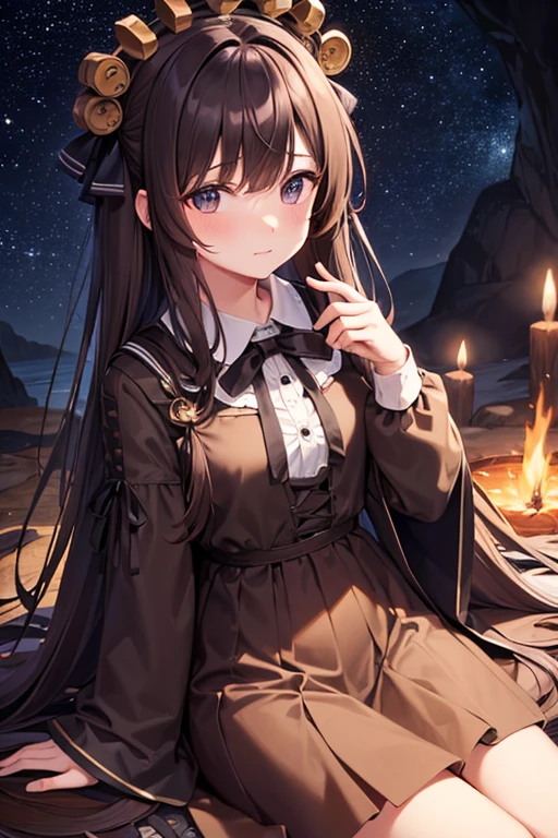 (best quality, masterpiece:1.2), (1 girl, sitting alone, brown dress, expressive face, looking away, wide sleeves, black eyes, closed mouth, ribbon-shaped fire on head, long hair, cowboy shot), (monochrome, night sky at cave entrance, rising light from below, inside the cave, shining clusters of floating white particles, burning fire at hand, numerous small floating fires)