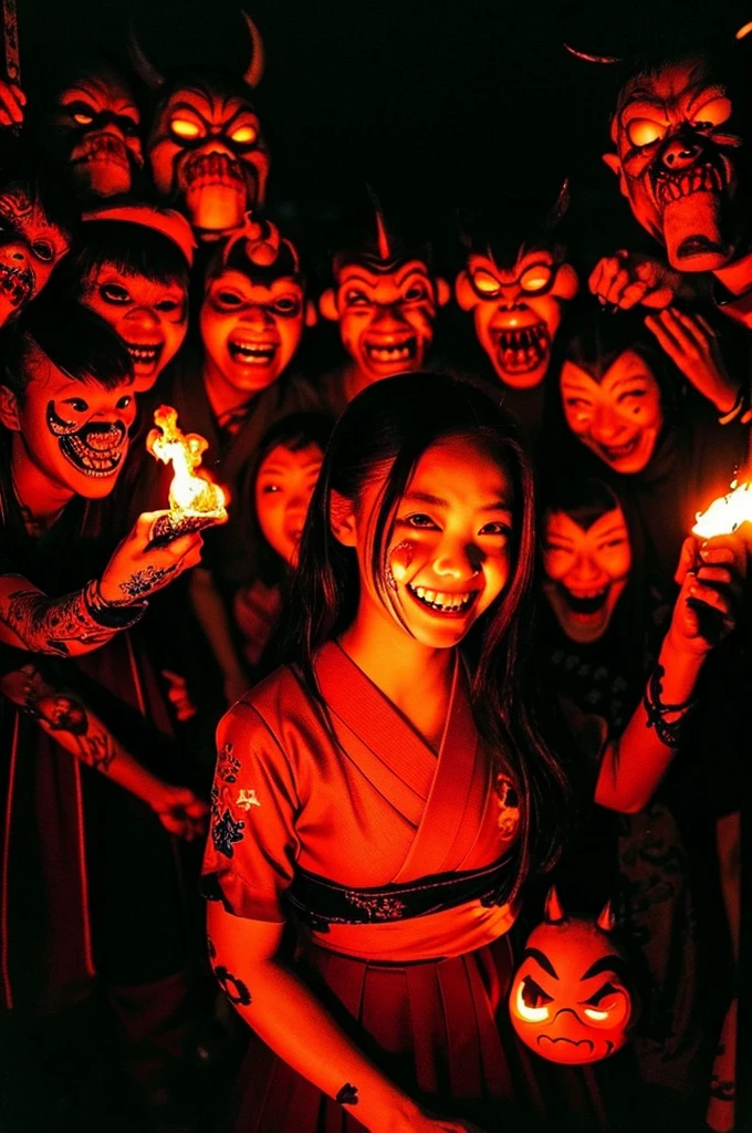 a teenage girl, capturing a selfie with a smile in the depths of hell, the infernal scenery of Japanese hell, with oni and yokai subjecting individuals to torture, (ethereal flames:1.25), (yokai-infested:1.3), (sinister oni:1.3), (chilling details), (dark and tortured), (ghostly whispers:1.2), (traditional Japanese horror:1.2), (intense suffering details:1.14), (elegantly eerie), ((supernatural agony))