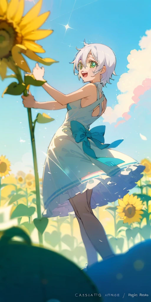 ((masterpiece)), ((best quality)), 8k, high detailed, ultra-detailed, illustration, bishoujo figure, colorful, 1girl, wearing a flowing summer dress, joyfully twirling in a field of blooming flowers, (sunflowers and daisies), (bright blue sky with fluffy white clouds), (white short hair cascading down her back), (sparkling green eyes), (carefree expression), capturing the essence of youth and happiness, name lisanna,Face similar to Lisanna Strauss