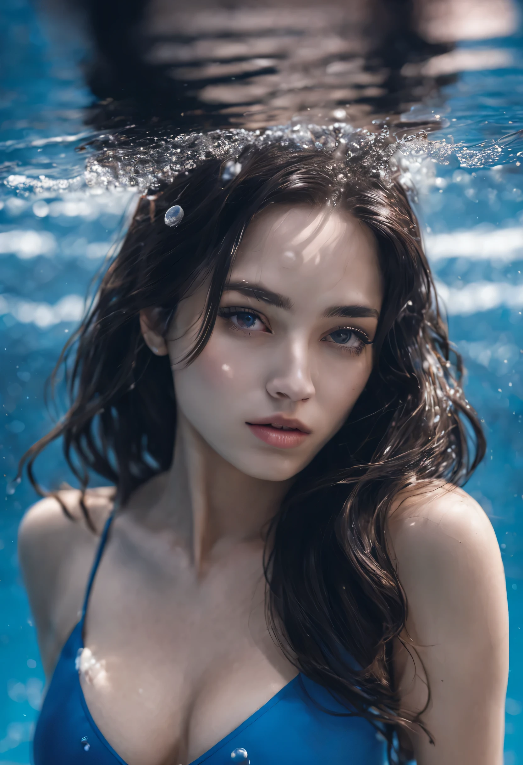 One woman of about 20 years old, black long hair, body measurement 36-25-36, height 5'7", medium breasts, Hazel eyes, wearing blue bikini, close up of girl swimming, Floating in the sea, bubbles, (underwater sea),Full Body full height Shooting, Masterpiece, mobile Photography, daylight, 8k, Top Quality, Fine Pore, Photorealistic, Ultra Detailed, (high skin detail:1.2),Extremely detailed,Intricate, sharp-focus,mouth closed, candid capture