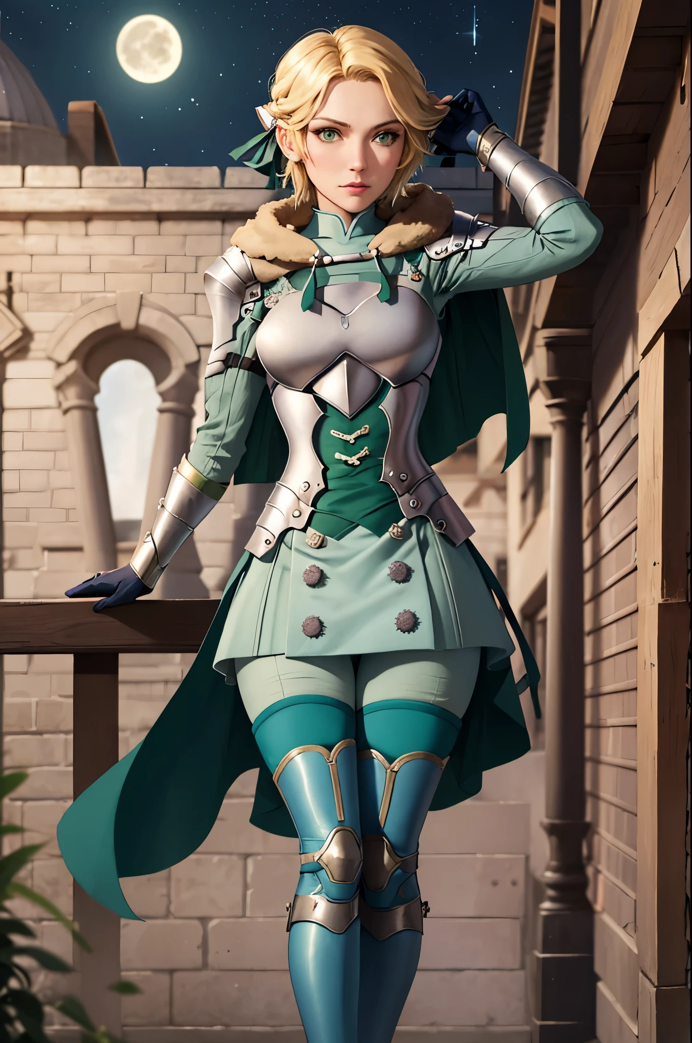 masterpiece, best quality,  waringrid, short hair, hair ribbons, shoulder armor, armor, breastplate, underbust, green coat, fur trim, vambraces, blue gloves, green skirt, white pants, green cape, standing, looking at viewer, night, moon