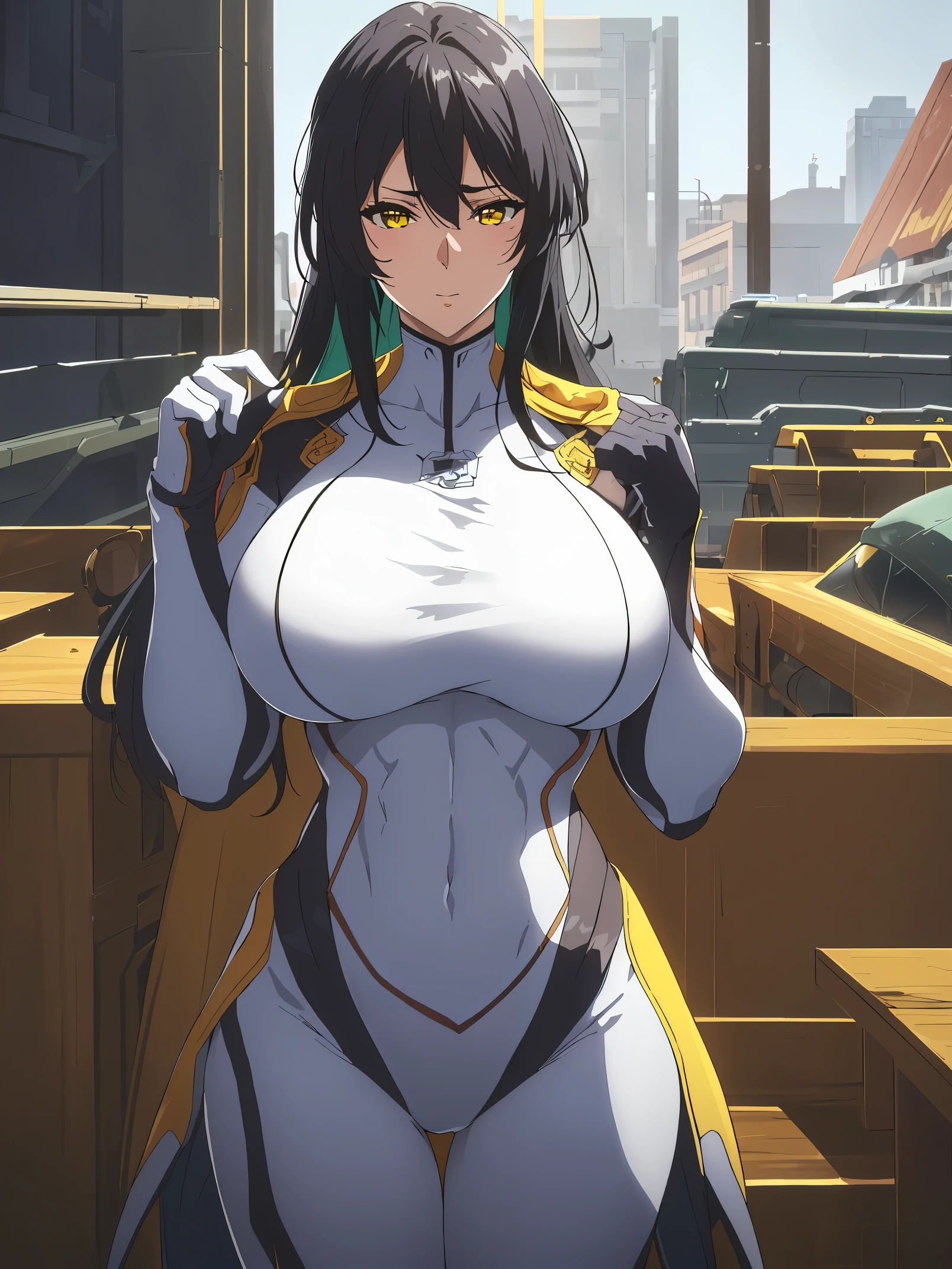 professional artwork, complex parts, field of view, Sharp Focus, Detailed painting, Photorealistic lighting, Trends on Pixiv, standing, white cyberpunk suit, skintight, Side_orgasm, Black hair, very long hair, voluminous hair, high ponytail, Long bangs, Bangs closes his eyes, yellow eyes, draw up, pomade, 20 years, mature woman, Beautiful палец, Beautiful long legs, beautiful body, Beautiful нос, Beautiful character design, perfect detail eyes, идеальное face, I look at the viewer, nsfv, formal art, extremely detailed CG Unity 8k wallpaper, perfect lighting, colorful, bright_FRONT_face_Light masterpiece: 1.0), (Best_Quality: 1.0), сверхa high resolution, Ultra detail, Hyper detail, photographic, 8K, HDR, a high resolution, absurd: 1.2, Kodak Portrait 400, granularity , blurred background, hips: 1.2, highlight correctly_color: 1.2) (Beautiful, big_pectoral muscles: 1.4), (Beautiful_face: 1.5), (narrow_waist), (solo: 1.4), ( (Upper body, half of the body:1,4) ), sort, Blushing shyly, I look at the viewer, Hands folded under the chest,