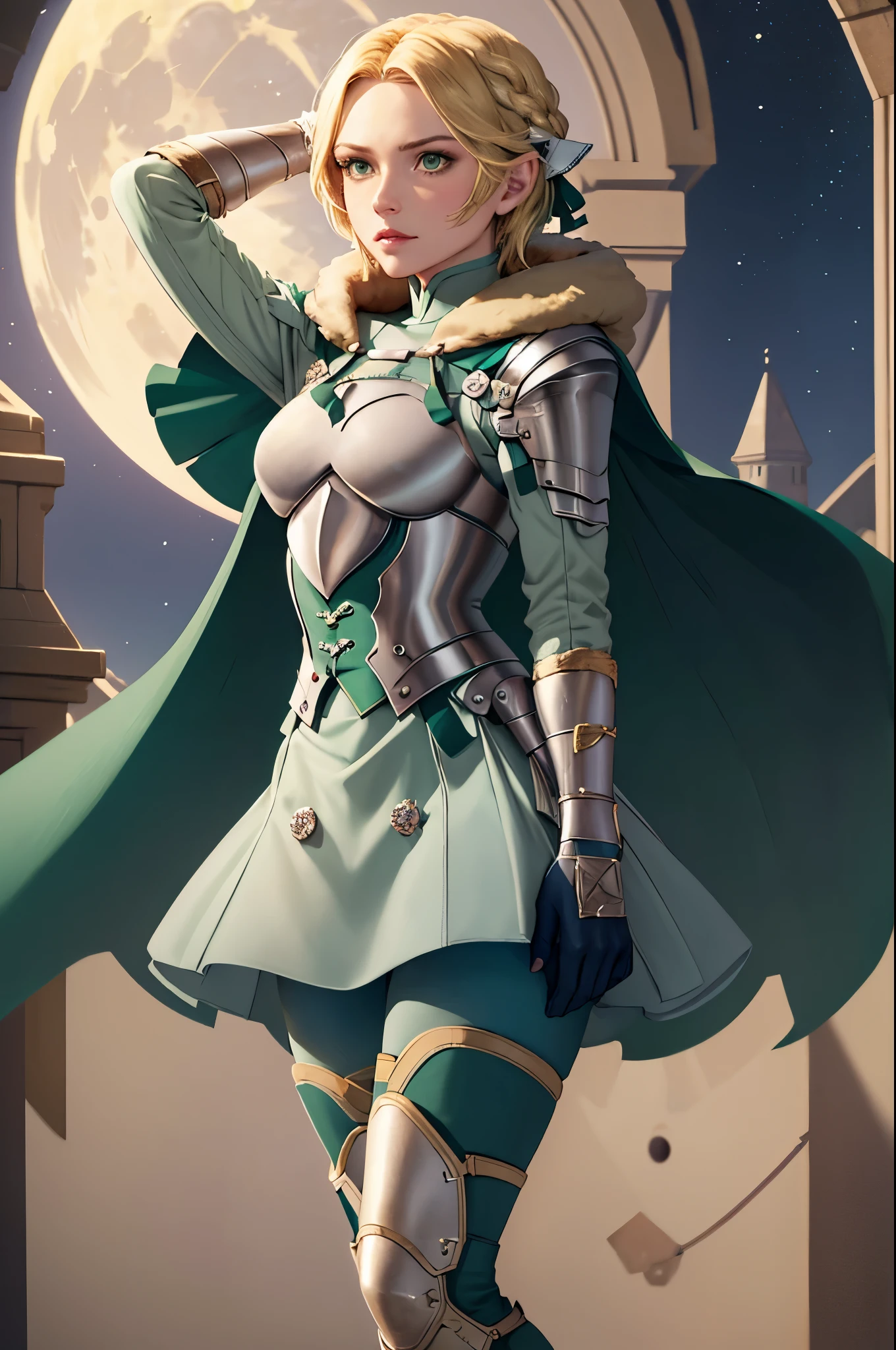 masterpiece, best quality,  waringrid, short hair, hair ribbons, shoulder armor, armor, breastplate, underbust, green coat, fur trim, vambraces, blue gloves, green skirt, white pants, green cape, standing, looking at viewer, night, moon