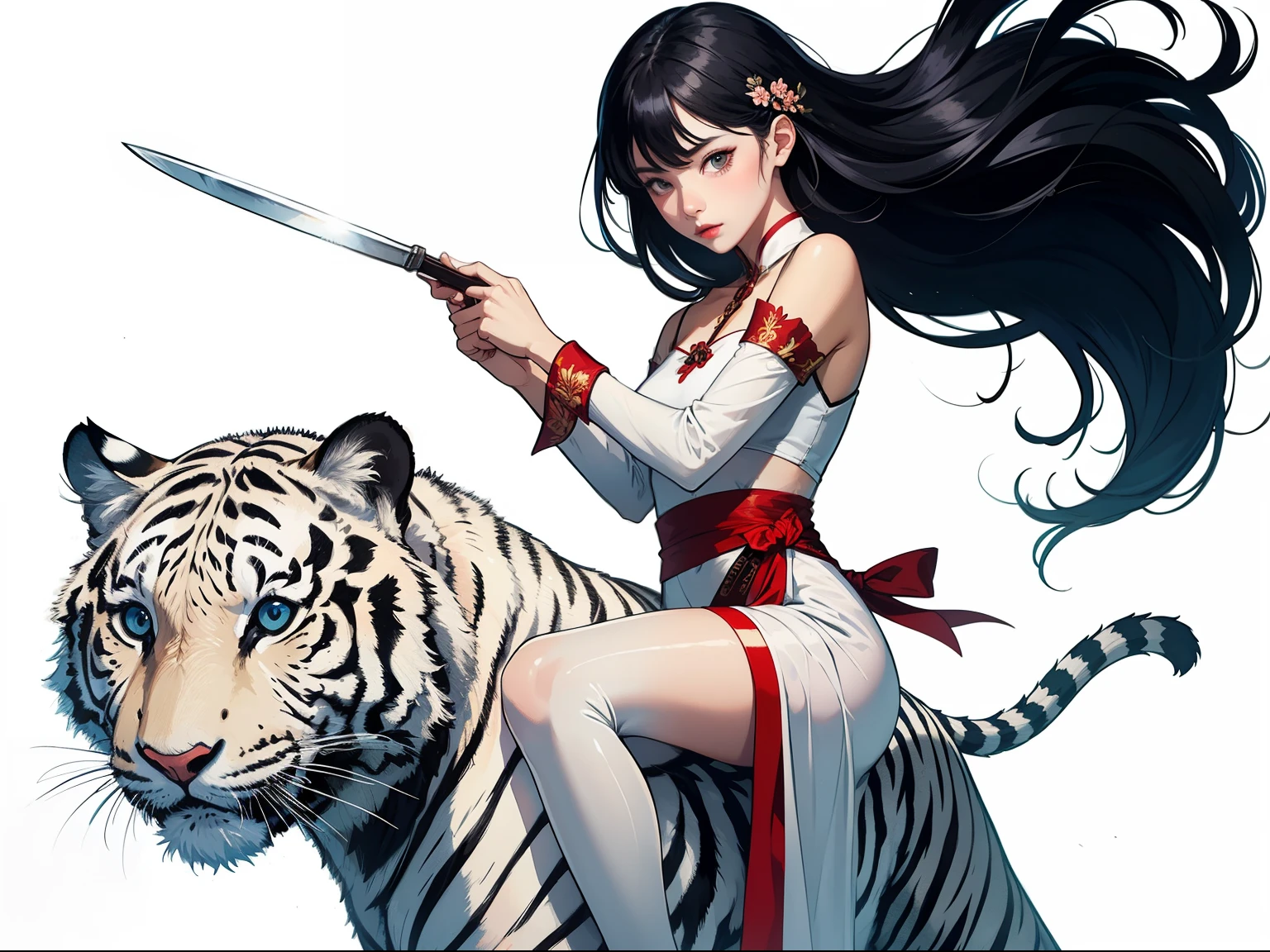 beautiful Girl on white tiger, to fighting, holding knife, Girl wearing thailand traditional dress, black hair, digital art
