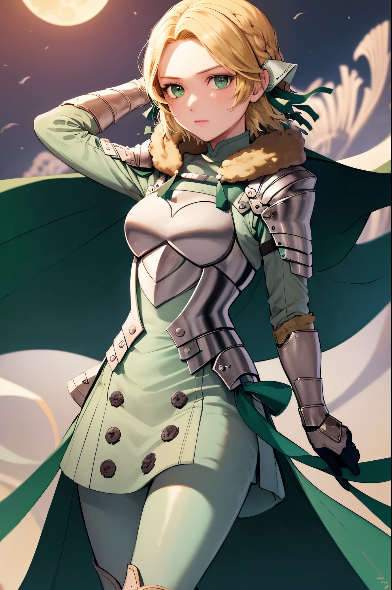 masterpiece, best quality, waringrid, short hair, hair ribbons, shoulder armor, armor, breastplate, underbust, green coat, fur trim, vambraces, blue gloves, green skirt, white pants, green cape, standing, looking at viewer, night, moon