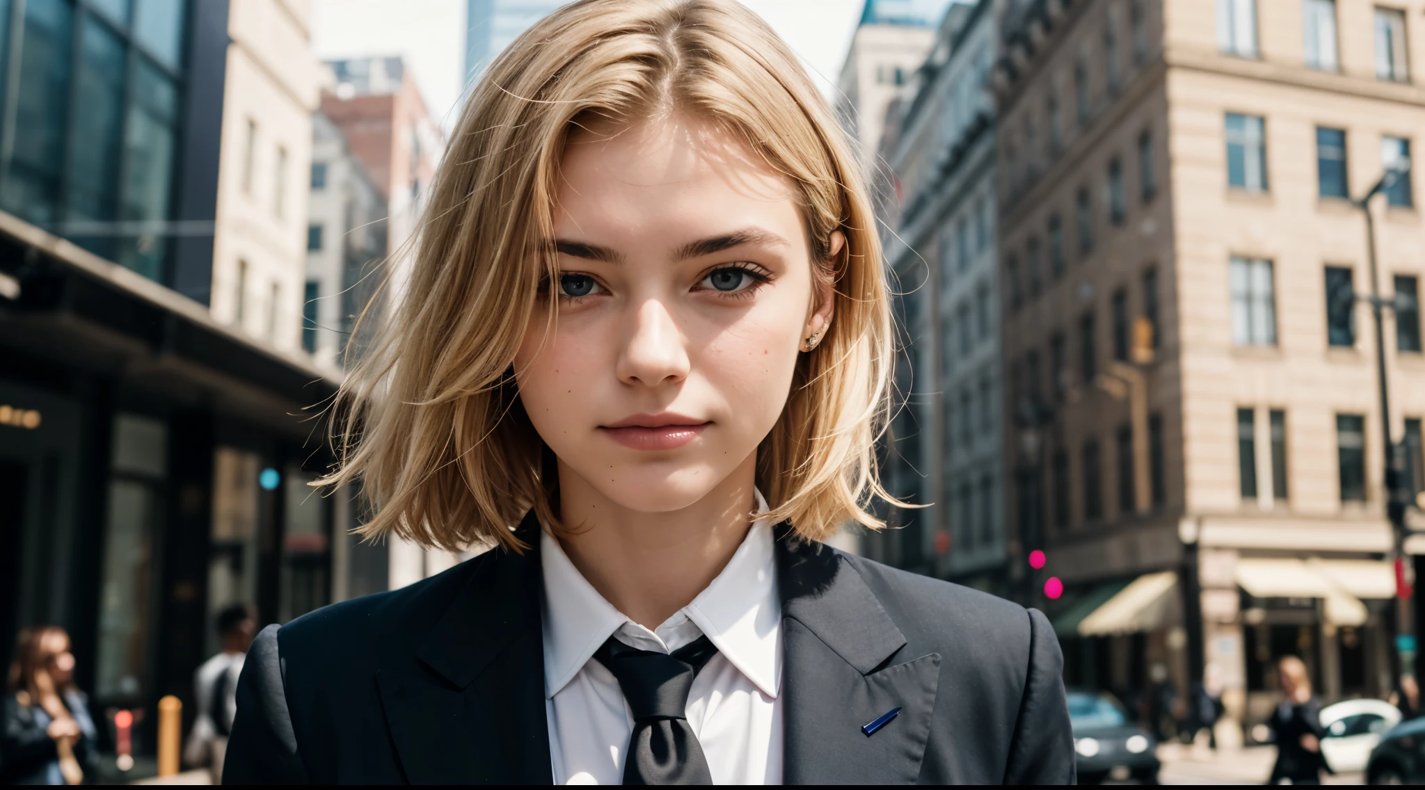 portrait of european girl,solo,20yo,beautiful face,uppser body,hair over one eye,medium sidecut, blonde hair, sharp focus,black business suit