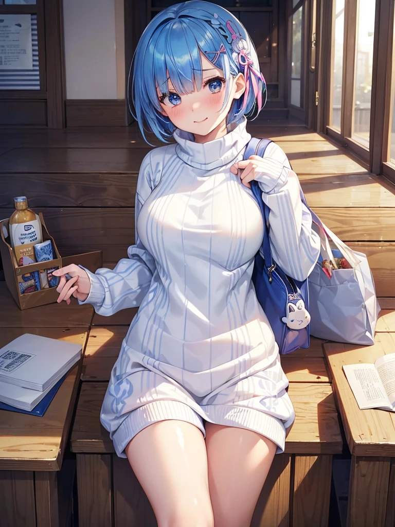 masterpiece,highest quality,High resolution ,1 girl,Rem, Re Zero, blue hair, short hair,straight hair, ((thin)),big breasts,white skin,(sweater(Animal pattern),胸にAnimal pattern柄のsweater),((stripe)),(clothing:sweaterのみ),bags under eyes,smile, embarrassed face,