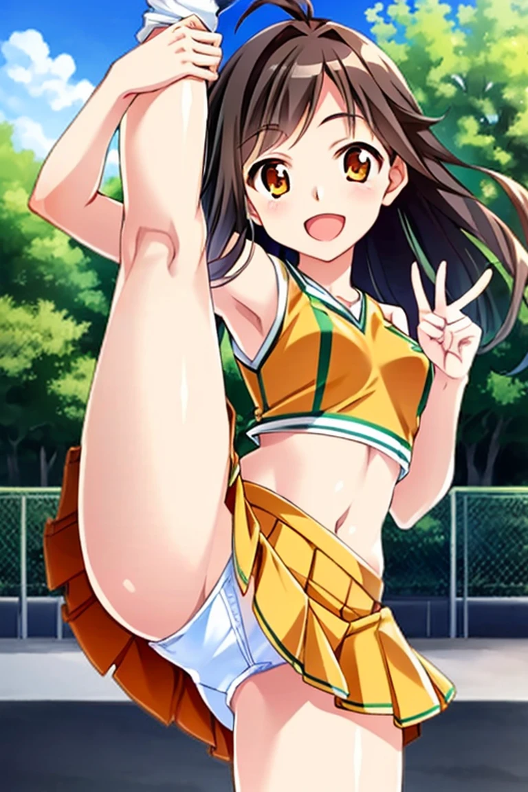 otokura yuuki, , small breasts, beautiful legs, smile, open mouth, (standing split:1.2), (leg up:1.2), leg hold, panties, U.A. CheerUniform, orange crop top, orange skirt, outdoors masterpiece, best quality, ultra-detailed, high resolution, extremely detailed CG, official art, 1girl