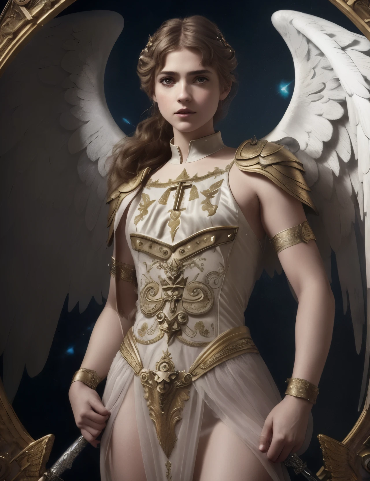 A woman in a dress with wings and a sword, full body angel, angel in plastic armor, steampunk angel, Angel's Golden Armor, Imogen Poots as a holy warrior, highly detailed goddess shot, angelic emma watson, Tom Bagshaw Weta Studio, majestic saint, Movie-like goddess body shots, a stunning portrait of a goddess