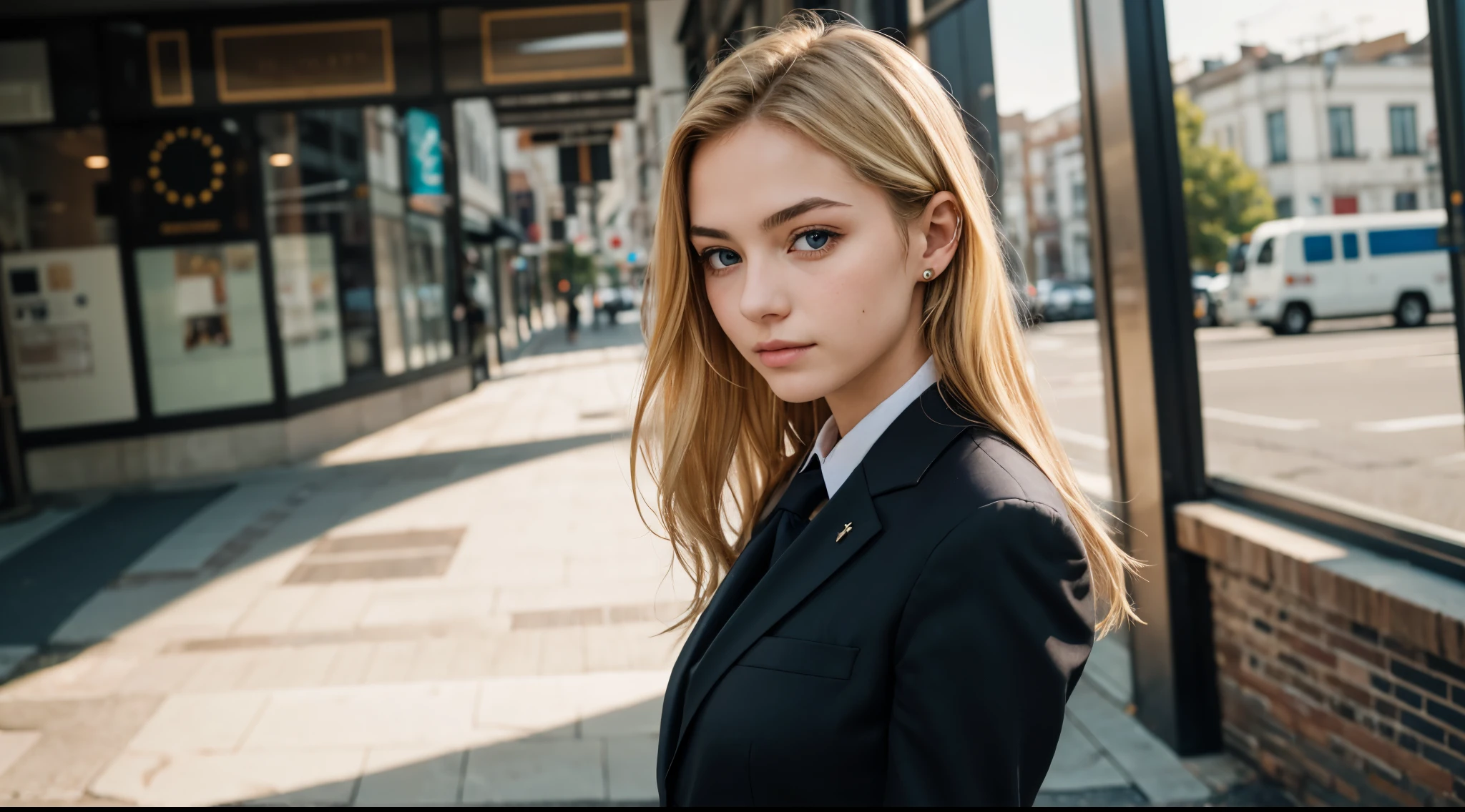 portrait of european girl,solo,20yo,beautiful face,uppser body,hair over one eye,medium sidecut, blonde hair, sharp focus,black business suit