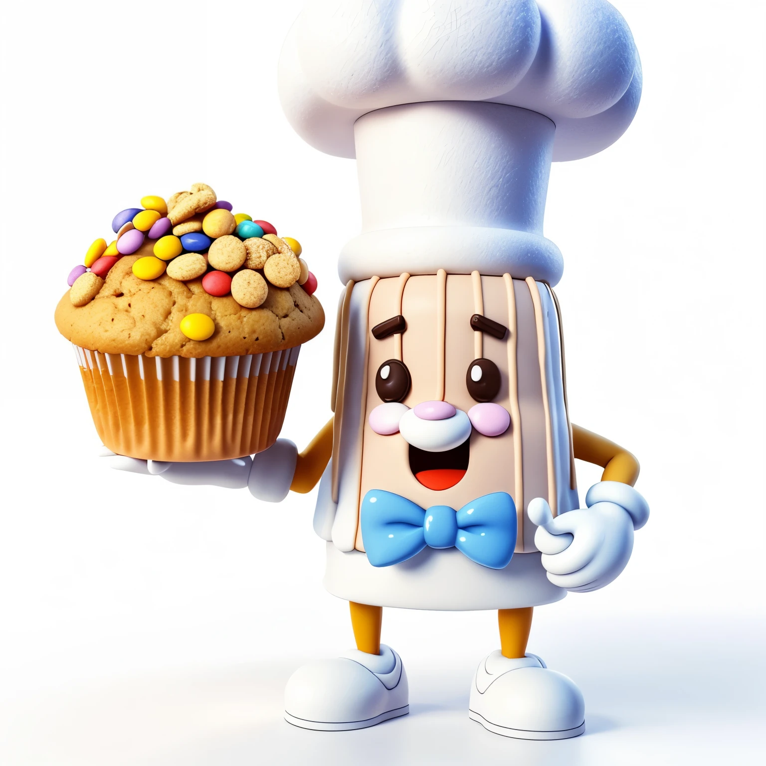 there is a cartoon character holding a cupcake and a muffin, dressed as a pastry chef, cereal mascot, cupcake, cute 3 d render, cute! c4d, happy chef, best chef, m & m mascot, promotional render, toon render keyshot, blender, cook, 3 d character, 3d character, mmmmm, claymation character