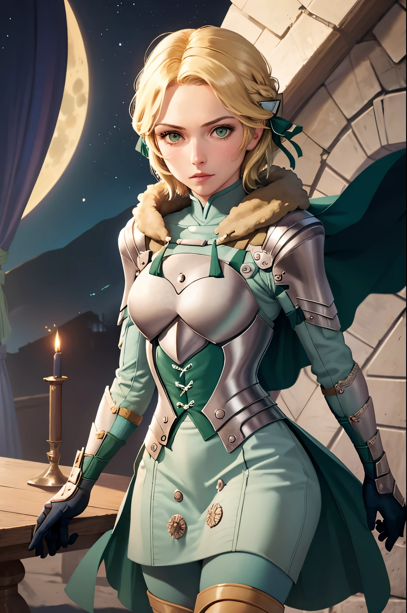 masterpiece, best quality,  waringrid, short hair, hair ribbons, shoulder armor, armor, breastplate, underbust, green coat, fur trim, vambraces, blue gloves, green cape, standing, upper body, cowboy shot, looking at viewer, night, moon