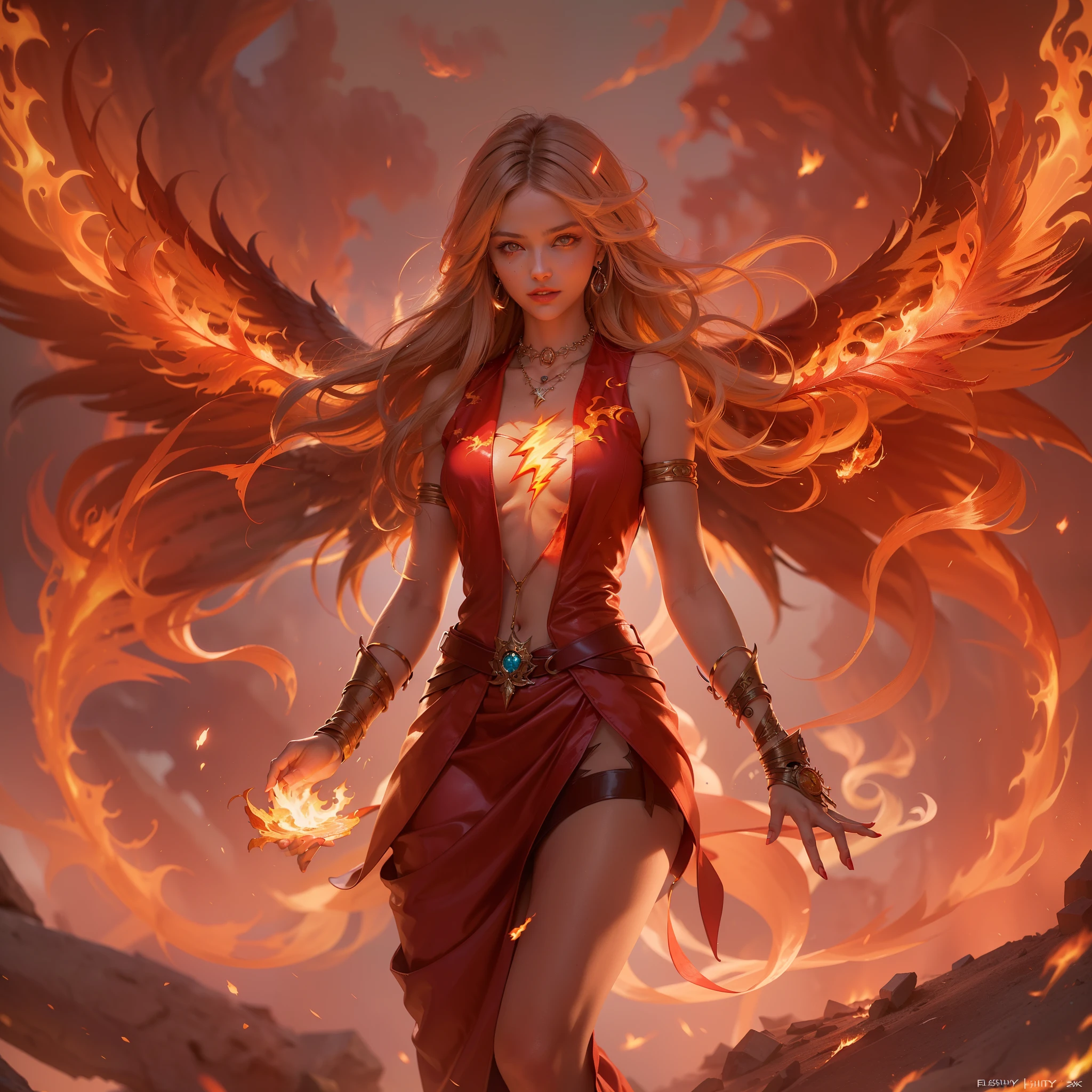 (Numerous award-winning masterpieces, with incredible detail, textures and maximum detail), (hyper realistic:1.4), (realistic:1.3), (best quality real texture skin), (finely detailed true circle Symmetrical eyes), finely detailed face, ((medieval world)), ((The Lord's blaze Devil)), ((The Lord's hellfire Devil)), (burn brightly icy look in the eye), (She has a mischievous smile on her face), (Eyes that glow red in the dark:1.5), (A pair of red eyes with strong red light emitting from within:1.5),  (Flames and flames swirling in the background), (Dramatic Light), (A majestic sight),  (Her countenance is gentle and beautiful, but somehow terrifying), Glass earrings on the ears, (dramatic photo:1.4),  ((dramatic pose)), (golden hair), (silver hair), (chestnut hair), Short cut hair, ((looks up)), ((looking down)), (Around her neck is a simple necklace of exquisite workmanship), (Bio luminescence with a brilliant glow:1.3), (Use flashy flame magic:1.6), (Swirling flames), The Great Temple of the Devil, The Devil's Grand Shrine, great temple, great cathedral, temple ruins, detached temple, (Luminous magic circle:1.3), Ruins of an ancient castle, Shining majestic cloud masses and sky, lightning bolt, epic realistic, faded, art, (Greg rutkowski:0.8), (teal and orange:0.4), (art station:1.5), cinematic, ((neutral colors)), (hdr:1.5), (muted colors:1.2), hyper detailed, dramatic light, (intricate details:1.1), complex background,(4K)、((Phoenix feathers on the back))、(full　body standing image),((Phoenix))