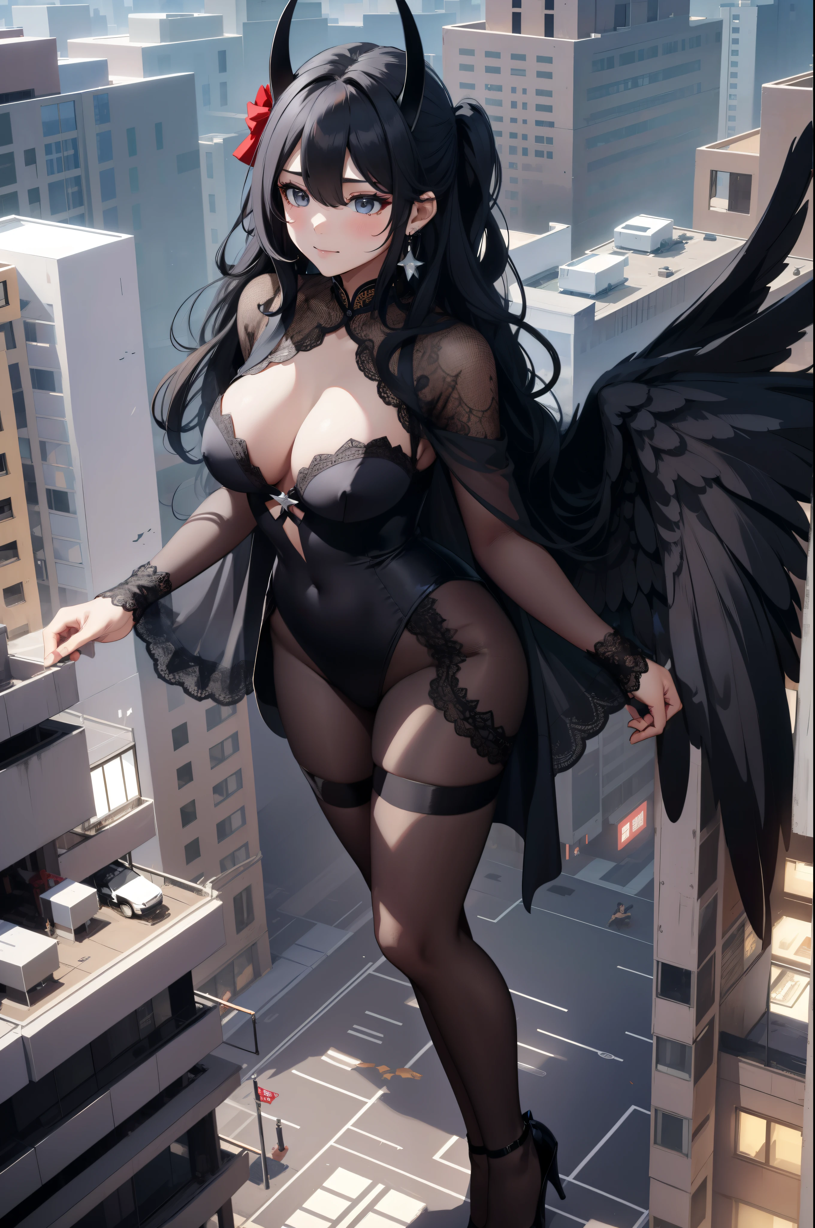 Aerial View,giant girl 50,000 feet high,Weight 1000kg,Has a pair of huge black angel wings,With huge devil horns on his head,Paired with black earrings,Has waist-length black hair,loose hair,Big black wavy curls,black crown,Wearing a pair of black Mary Jane high heels,Black lace gloves,Black lace pantyhose,Bow and star embellished tights,黑色蕾丝whole body,Standing tall above the small town,Beautiful appearance,Exquisite makeup,quality,8k,高quality,Perfect proportion, Cinema lighting,film grain,Fuji colors,8k,textured skin,Super details,high detail,high resolution,fake smile,blood stains,脚底有blood stains,whole body,fat,feather