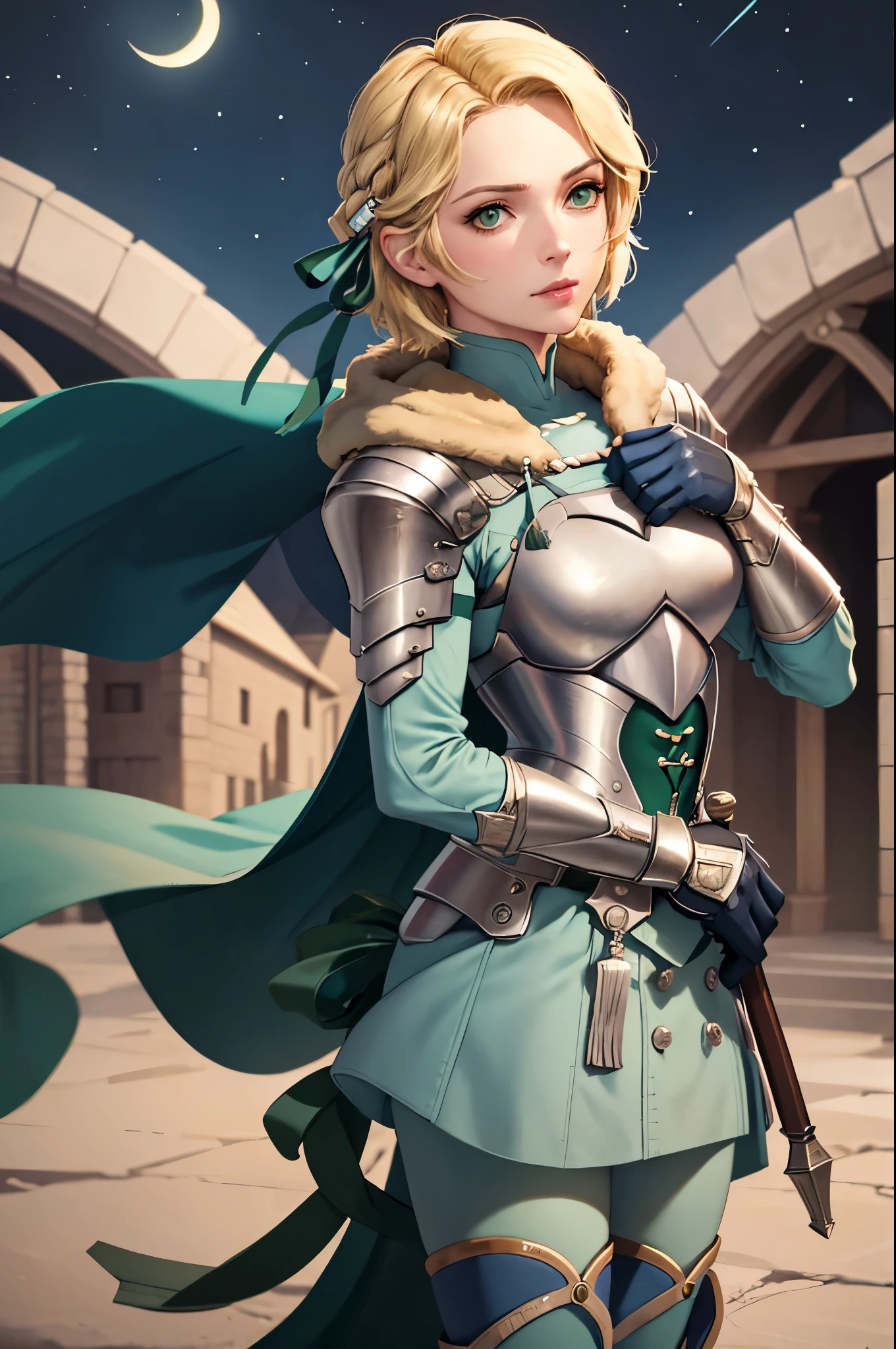 masterpiece, best quality,  waringrid, short hair, hair ribbons, shoulder armor, armor, breastplate, underbust, green coat, fur trim, vambraces, blue gloves, green cape, standing, upper body, cowboy shot, looking at viewer, night, moon