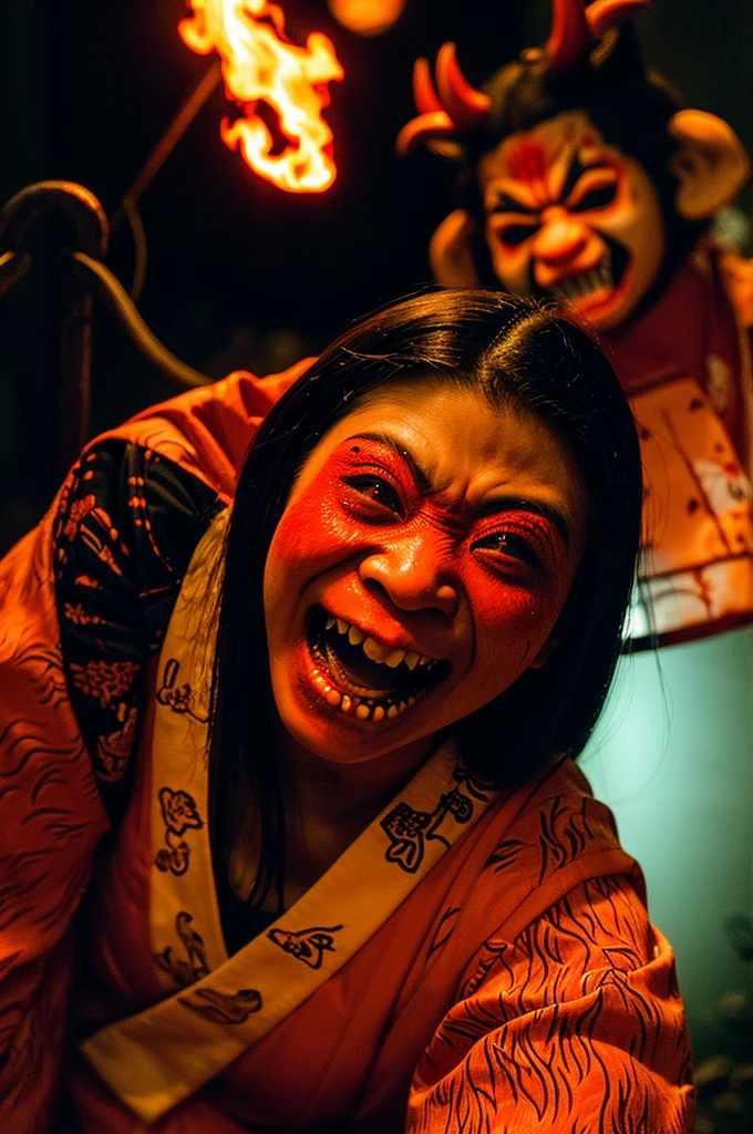 a teenage girl, capturing a selfie with a smile in the depths of hell, the infernal scenery of Japanese hell, with oni and yokai subjecting individuals to torture, (ethereal flames:1.25), (yokai-infested:1.3), (sinister oni:1.3), (chilling details), (dark and tortured), (ghostly whispers:1.2), (traditional Japanese horror:1.2), (intense suffering details:1.14), (elegantly eerie), ((supernatural agony))