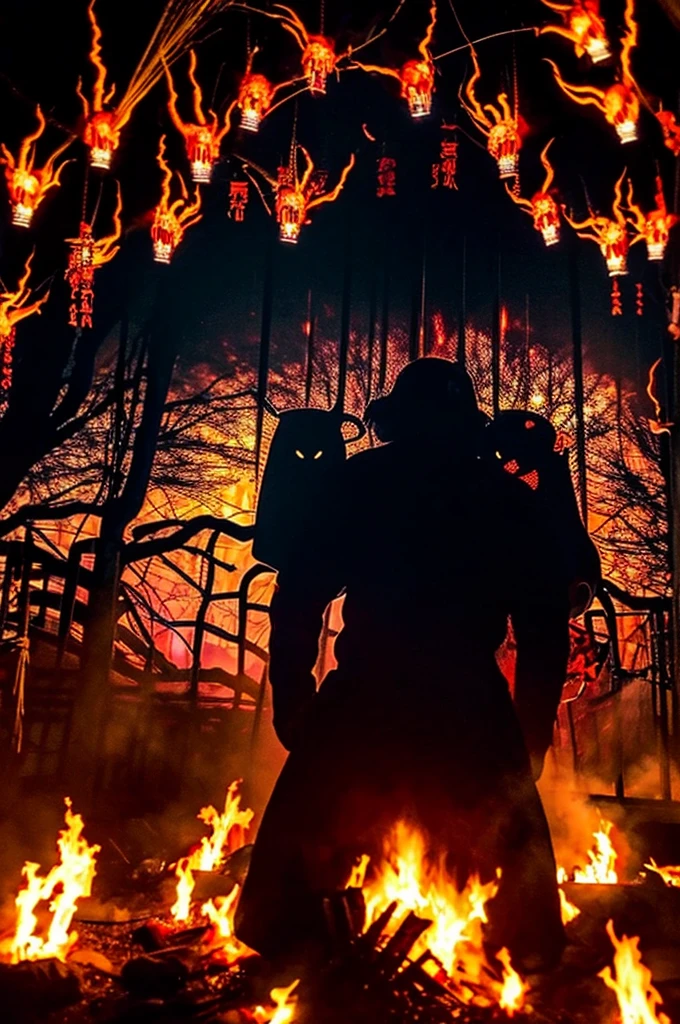 the infernal scenery of Japanese hell, with oni and yokai subjecting individuals to torture, (ethereal flames:1.25), (yokai-infested:1.3), (sinister oni:1.3), (chilling details), (dark and tortured), (ghostly whispers:1.2), (traditional Japanese horror:1.2), (intense suffering details:1.14), (elegantly eerie), ((supernatural agony))