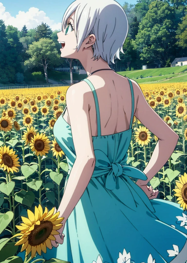 ((masterpiece)), ((best quality)), 8k, high detailed, ultra-detailed, illustration, bishoujo figure, colorful, 1girl, wearing a flowing summer dress, joyfully twirling in a field of blooming flowers, (sunflowers and daisies), (bright blue sky with fluffy white clouds), (white short hair cascading down her back), (sparkling green eyes), (carefree expression), capturing the essence of youth and happiness, name lisanna,Face similar to Lisanna Strauss