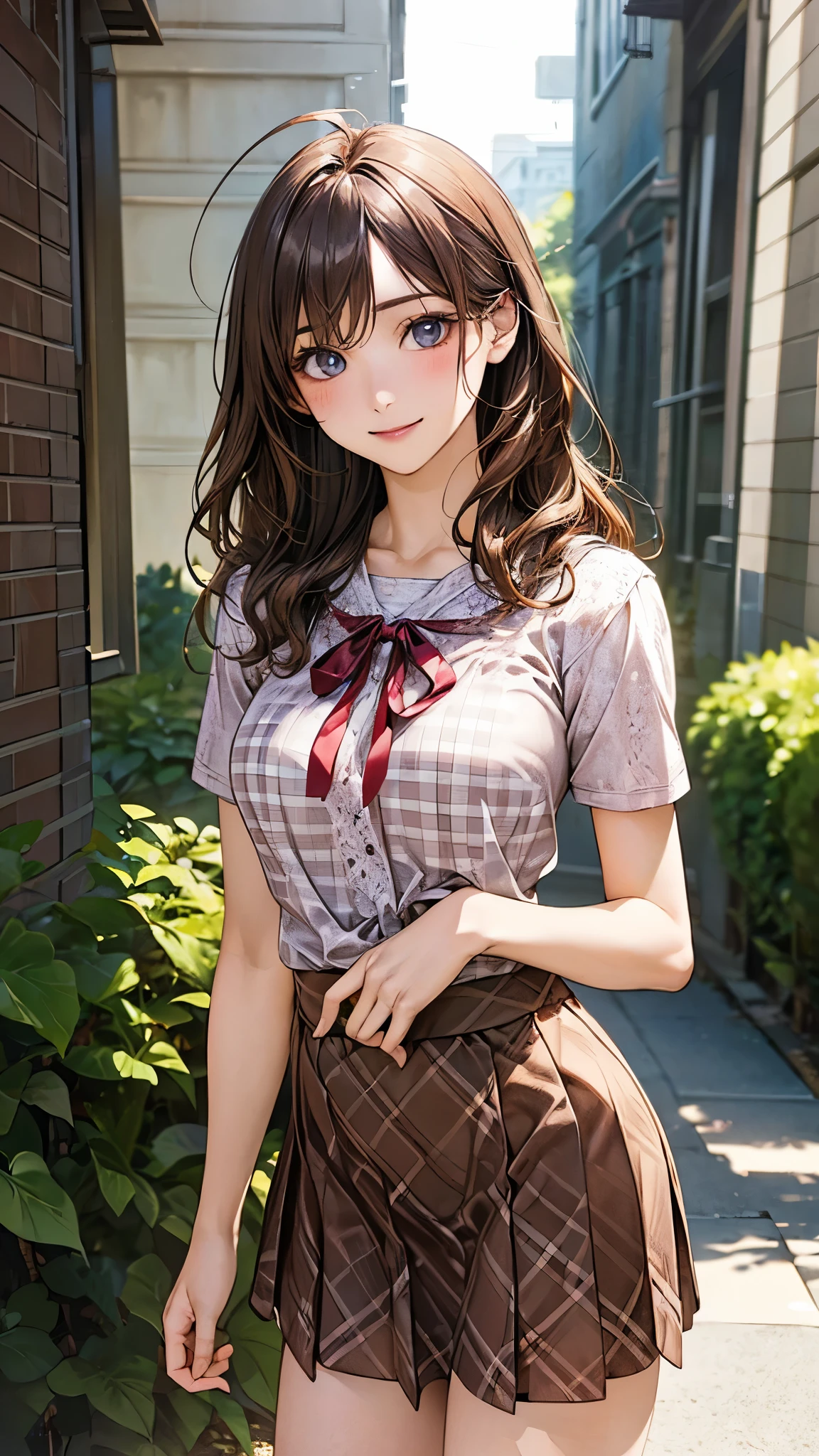 (masterpiece:1.2, top-quality), (realistic, photorealistic:1.4), beautiful illustration, (natural side lighting, movie lighting), nsfw, 
looking at viewer, cowboy shot, front view:0.6, 1 girl, japanese, high school girl, perfect face, cute and symmetrical face, shiny skin, 
(middle hair:0.7, wavy hair:1.2, light brown hair), bangs pinned back, ahoge, blue eyes, long eye lasher, (large breasts:0.8, seductive thighs), 
beautiful hair, beautiful face, beautiful detailed eyes, beautiful clavicle, beautiful body, beautiful chest, beautiful thigh, beautiful legs, beautiful fingers, 
((detailed cloth texture, short sleeves cute blouse, brown ribbon argyle check skirt, socks, brown loafers)), 
(beautiful scenery), evening, riverside, standing, (cute, lovely smile, upper eyes), 