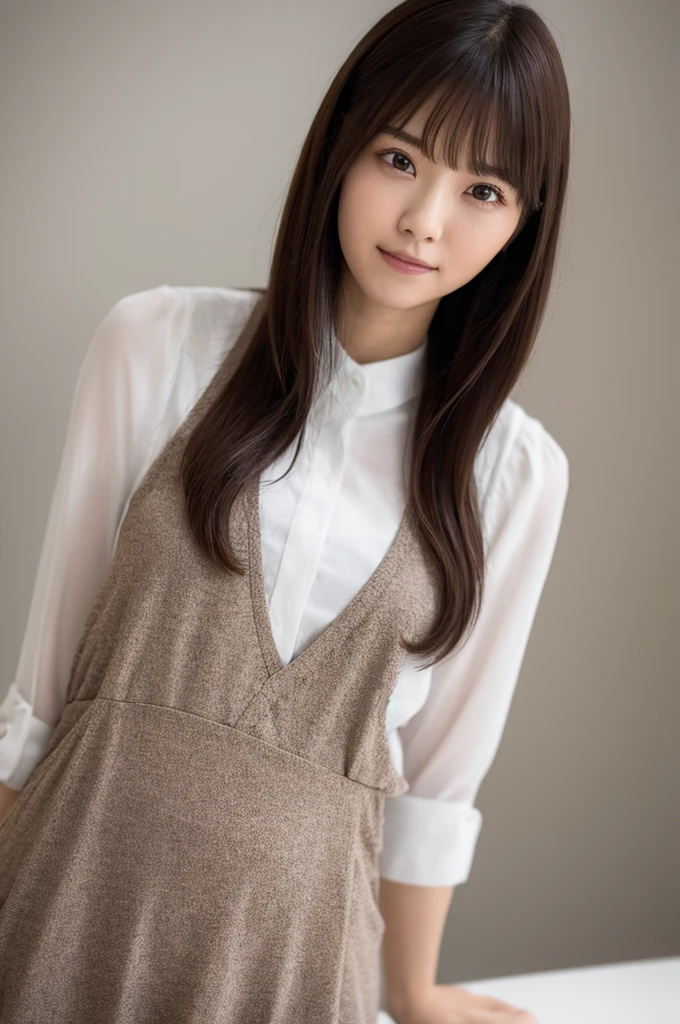 table top, highest quality, figure, super detailed, finely, High resolution, 8k wallpaper, 完璧なダイナミックな構figure, beautiful and fine eyes, blouse, medium hair,brown hair color ,small breasts, natural color lip, Cute poses that strangers seem to like,random situation,slender body,narrow side,20 year old girl,background blur,whole body