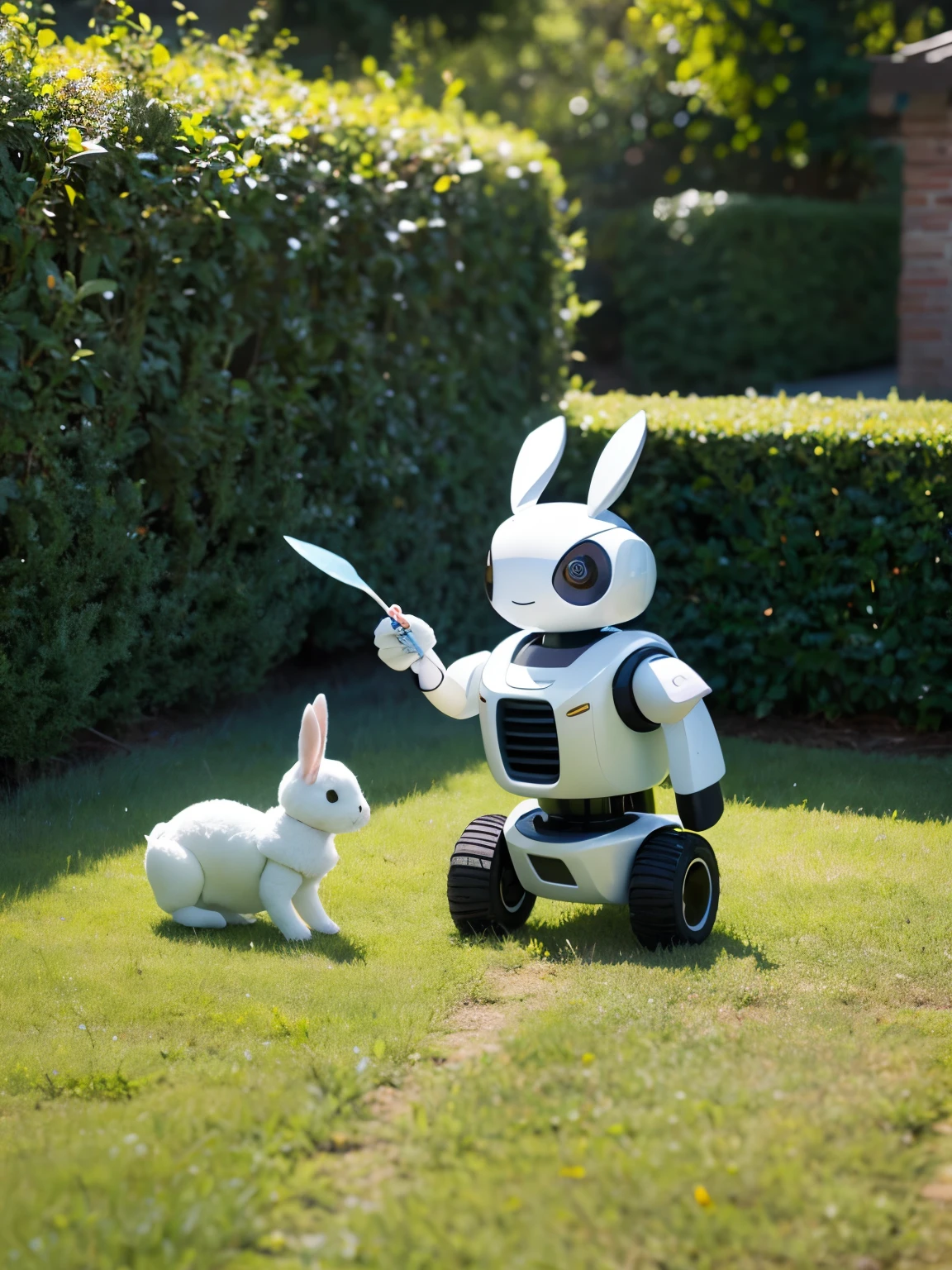 large lawn，mini robot rabbit，Ordering Robot Rabbit，cute，shrub，hyper-realistic，3D