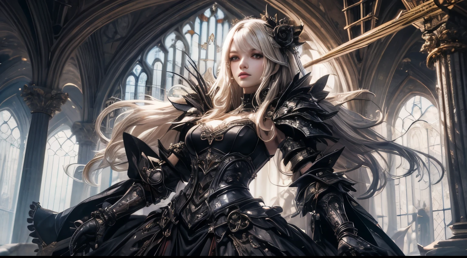 (Detailed illustrations,Very detailed and detailed drawing,Delicate lines with slow and rapid,Realistic texture expression),[Color tressed main line],[Ruins of a super-ancient civilization],[ANIME] (MACHINEAlice Beauty ) straight long hair [AUTOMATON],([Black Rose] black dress) (Cyber Alien Armor [Through the material]) [caltrop] Lock [Titanium alloy] [[Through the material]],Cybernetic Gothic Lolita,(Intricate and beautiful decoration [Dense detail]),(Fine and beautiful skin expression [transparency]),[完璧な目のdetailed (Iris beautifully drawn in every detail)[Jewel-like eyes]],[long and beautiful eyelashes],[Meticulously drawn hair [美しく艷やかな髪のdetailed]],(完璧な手のdetailed [Beautiful fingers without breakdowns [Beautiful nails]]),(Perfect Anatomy(Perfectly proportioned))[[full body portrait]],[[Design built to the highest level]][Ideal color coordination(Accurate simulation of light-material interactions)],([Precision Detail](detailed,High definition)),[Visual art that conveys a sense of narrative].