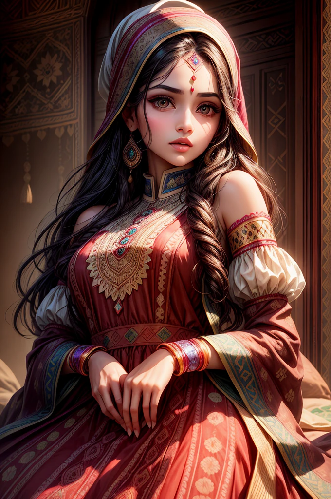 A girl wearing traditional Pakistani clothing, beautiful detailed eyes, beautiful detailed lips, extremely detailed face and eyes, long eyelashes, vibrant colors, cultural attire, elegant poses, traditional jewelry, intricate embroidery, flowing fabric, henna designs, natural light, medium:photography, high-res, vivid colors.