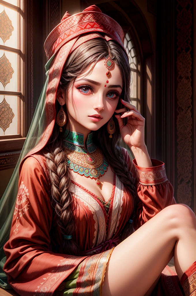 A girl wearing traditional Pakistani clothing, beautiful detailed eyes, beautiful detailed lips, extremely detailed face and eyes, long eyelashes, vibrant colors, cultural attire, elegant poses, traditional jewelry, intricate embroidery, flowing fabric, henna designs, natural light, medium:photography, high-res, vivid colors.