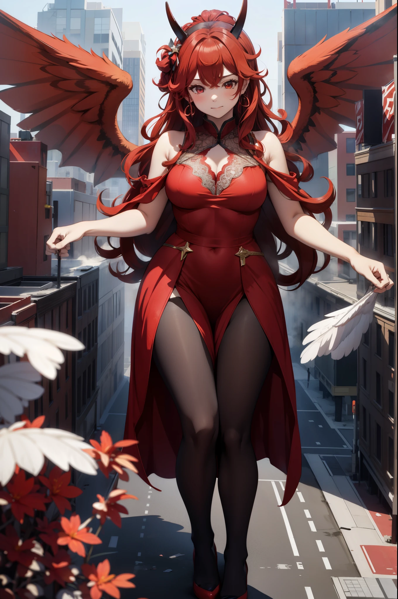 Aerial View,giant girl 50,000 feet high,Weight 1000kg,Has a pair of huge red angel wings,With huge devil horns on his head,red crown on head,Wearing red earrings,Has waist-length red hair,loose hair,Big red wavy curls,Wearing a pair of red Mary Jane high heels,red lace glove,Red lace pantyhose,Pantyhose with bow and star decorations,红色蕾丝whole body,Standing upright on a small city,Beautiful appearance,Exquisite makeup,quality,8k,高quality,Perfect proportion, Cinema lighting,film grain,Fuji colors,8k,textured skin,Super details,high detail,high resolution,fake smile,blood stains,脚底有blood stains,whole body,Obese,feather
