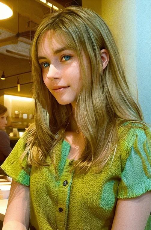 Cute beautiful blonde wearing a yellow sweater (Drink coffee in a modern café at sunset), very detailed, 21 years old, innocent face, natural wavy hair, blue eyes, High resolution, masterpiece, highest quality,intricate details, very detailed,sharp focus, fine skin,realistic skin texture,texture, fine eyes, Professional, 4K, Chalmer Smile, Photographed with Canon, 85mm,shallow depth of field,kodak vision color, perfectly fitted body, very detailed, photograph_\(ultra\), photographrealistic, realistic, Post-processing, maximum details, roughness, real life, ultra realistic, photographrealism, photographgraphy, 8K UHD, photographgraphy