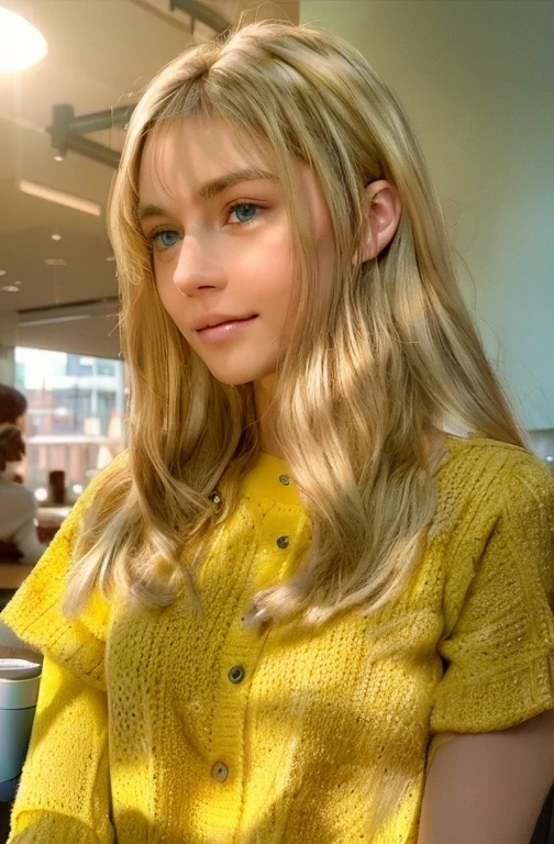 Cute beautiful blonde wearing a yellow sweater (Drink coffee in a modern café at sunset), very detailed, 21 years old, innocent face, natural wavy hair, blue eyes, High resolution, masterpiece, highest quality,intricate details, very detailed,sharp focus, fine skin,realistic skin texture,texture, fine eyes, Professional, 4K, Chalmer Smile, Photographed with Canon, 85mm,shallow depth of field,kodak vision color, perfectly fitted body, very detailed, photograph_\(ultra\), photographrealistic, realistic, Post-processing, maximum details, roughness, real life, ultra realistic, photographrealism, photographgraphy, 8K UHD, photographgraphy