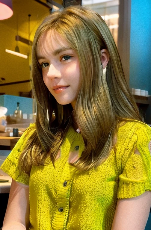 Cute beautiful blonde wearing a yellow sweater (Drink coffee in a modern café at sunset), very detailed, 21 years old, innocent face, natural wavy hair, blue eyes, High resolution, masterpiece, highest quality,intricate details, very detailed,sharp focus, fine skin,realistic skin texture,texture, fine eyes, Professional, 4K, Chalmer Smile, Photographed with Canon, 85mm,shallow depth of field,kodak vision color, perfectly fitted body, very detailed, photograph_\(ultra\), photographrealistic, realistic, Post-processing, maximum details, roughness, real life, ultra realistic, photographrealism, photographgraphy, 8K UHD, photographgraphy