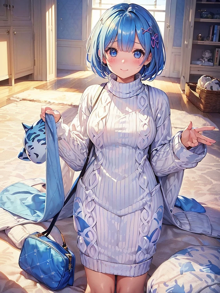 masterpiece,highest quality,High resolution ,1 girl,Rem, Re Zero, blue hair, short hair,straight hair, ((thin)),big breasts,white skin,((sweater(Animal pattern),((胸にAnimal pattern柄のsweater)))),((stripe)),((clothing:sweaterのみ)),bags under eyes,smile, embarrassed face,