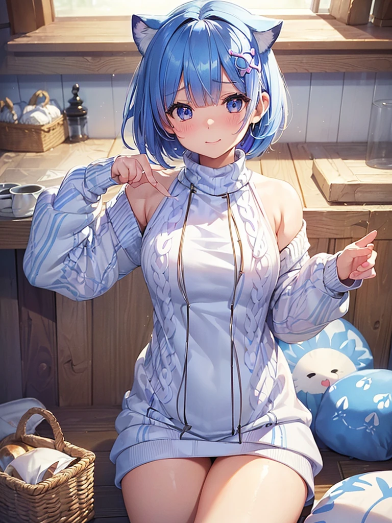 masterpiece,highest quality,High resolution ,1 girl,Rem, Re Zero, blue hair, short hair,straight hair, ((thin)),big breasts,white skin,((sweater(Animal pattern),((胸にAnimal pattern柄のsweater)))),((stripe)),((clothing:sweaterのみ)),bags under eyes,smile, embarrassed face,