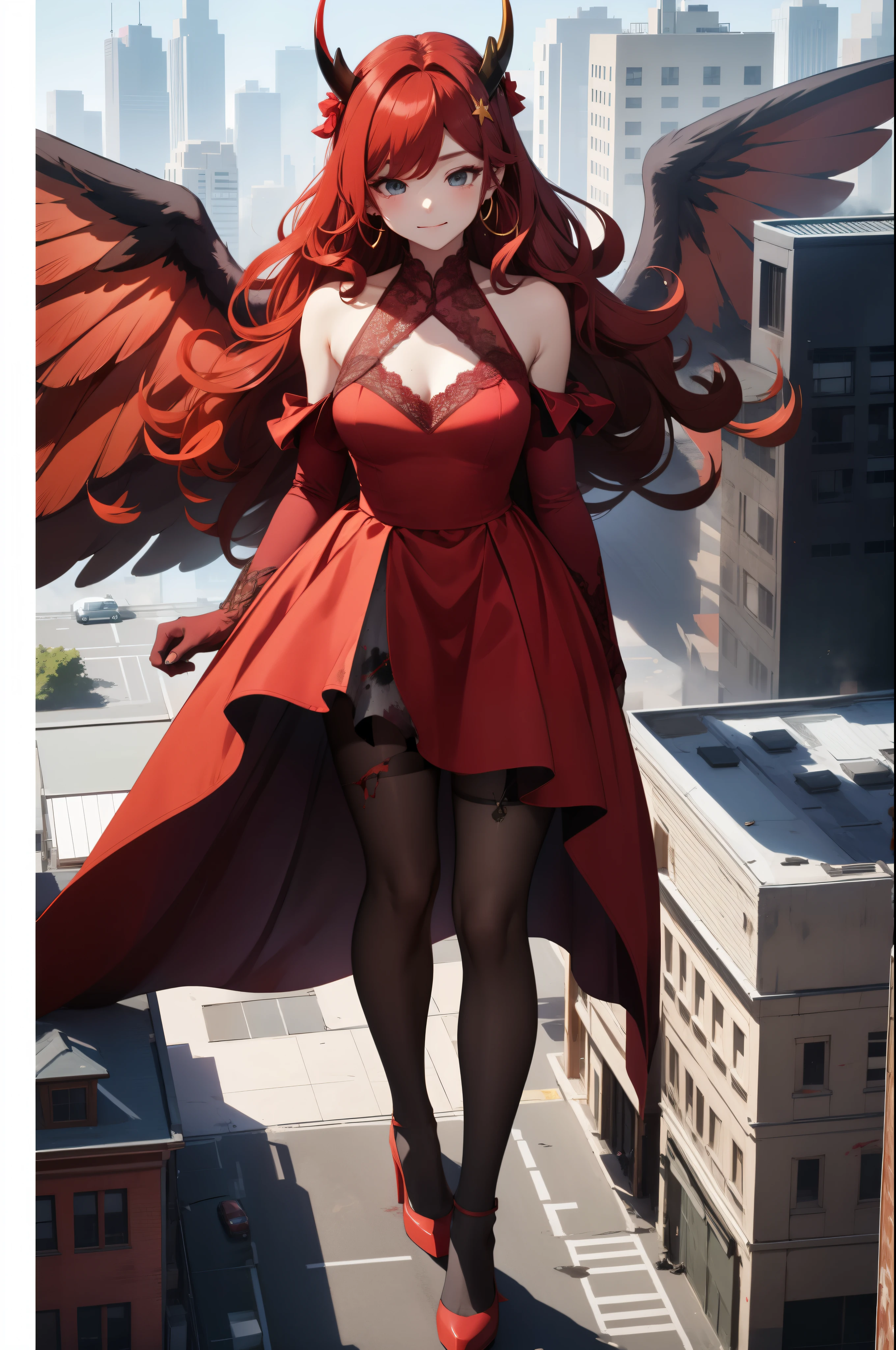 Aerial View,giant girl 50,000 feet high,Weight 1000kg,Has a pair of huge red angel wings,With huge devil horns on his head,red crown on head,Wearing red earrings,Has waist-length red hair,loose hair,Big red wavy curls,Wearing a pair of red Mary Jane high heels,red lace glove,Red lace pantyhose,Pantyhose with bow and star decorations,红色蕾丝whole body,Standing upright on a small city,Beautiful appearance,Exquisite makeup,quality,8k,高quality,Perfect proportion, Cinema lighting,film grain,Fuji colors,8k,textured skin,Super details,high detail,high resolution,fake smile,blood stains,脚底有blood stains,whole body,Obese,feather