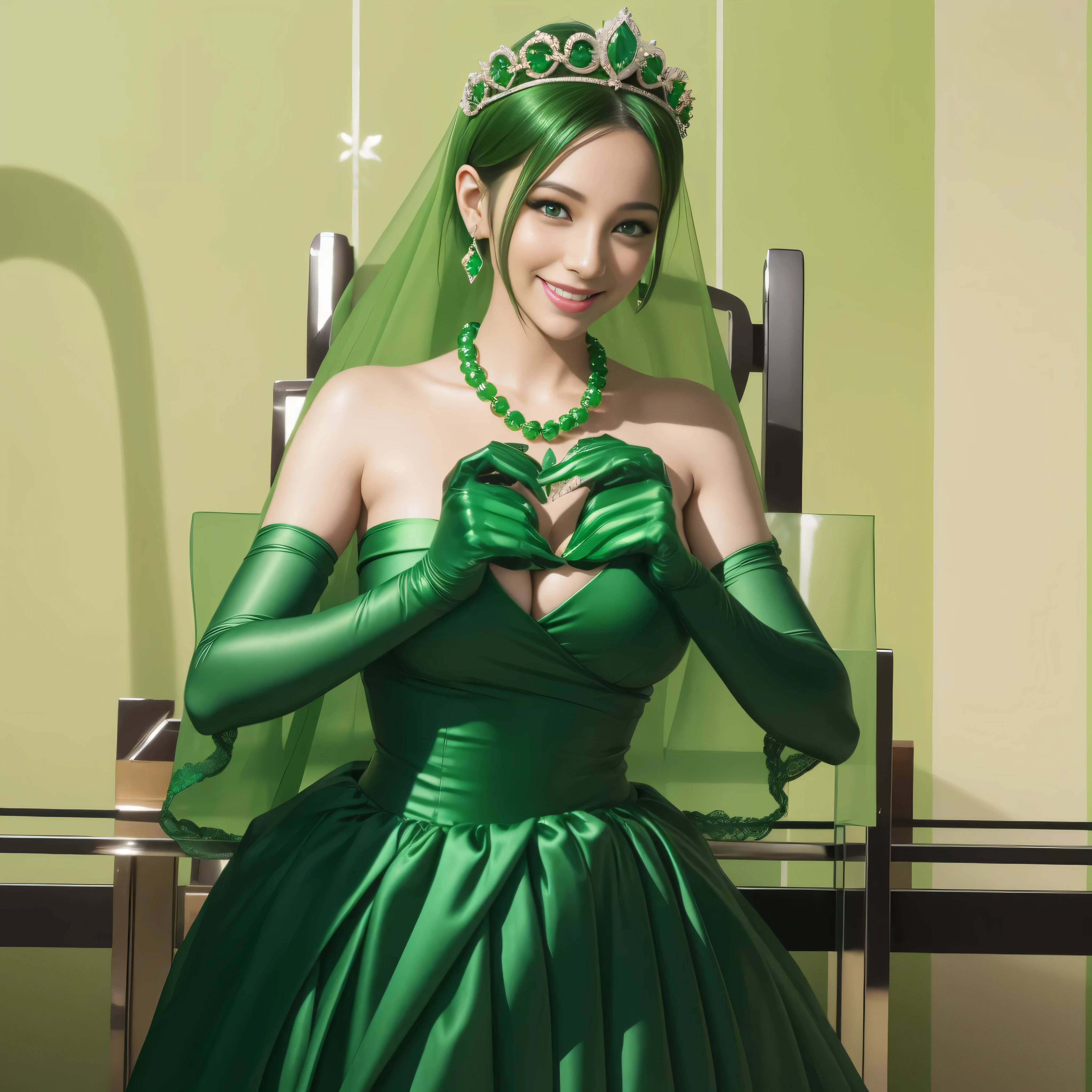 emerald tiara, green pearl necklace, boyish very short green hair, lipstick, smiling Japanese woman, very short hair, Beauty with large breasts, green eyes, Long Green Satin Gloves, green eyes, emerald earrings, green veil, heart with both hands