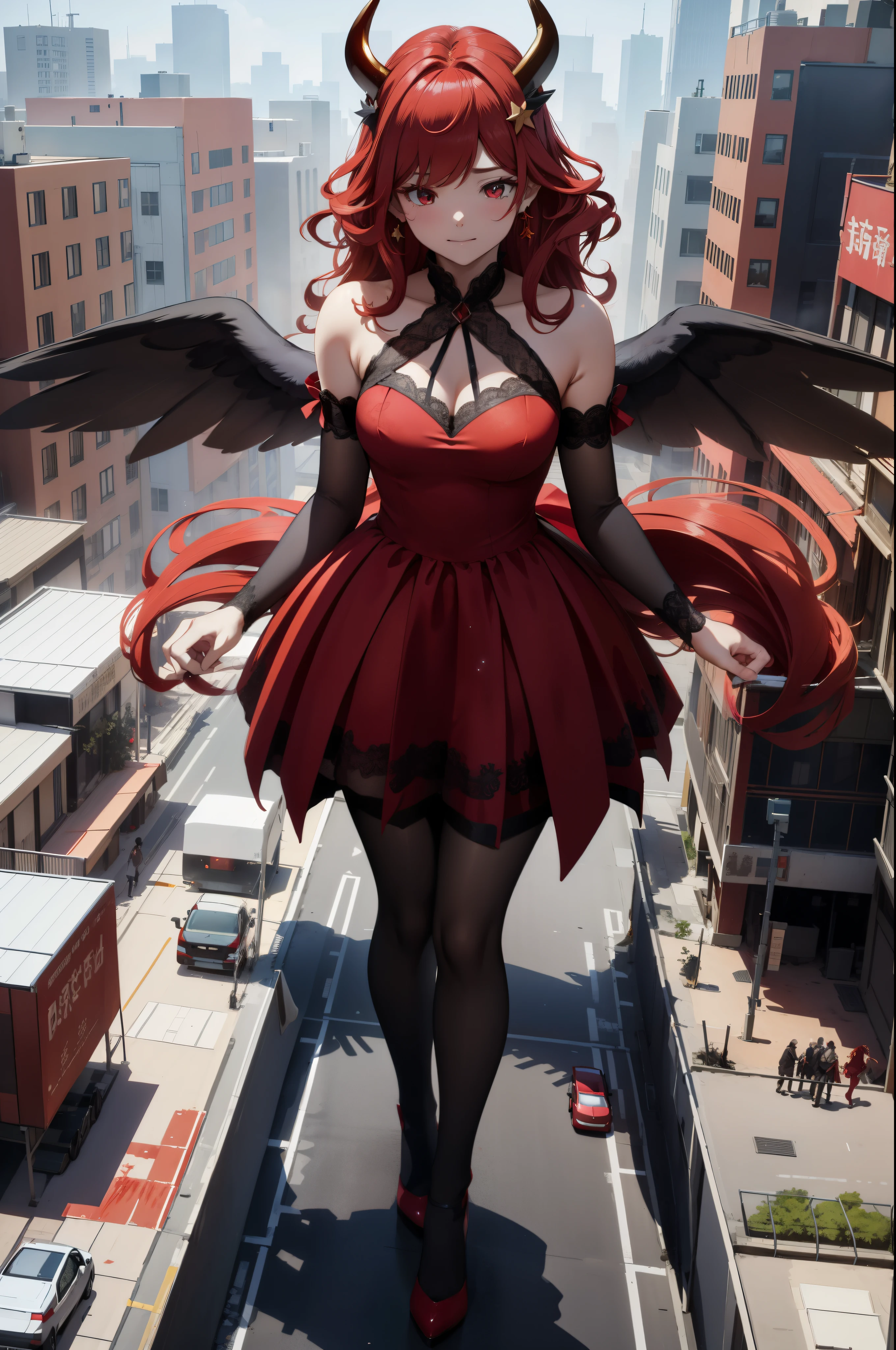 Aerial View,giant girl 50,000 feet high,Weight 1000kg,Has a pair of huge red angel wings,With huge devil horns on his head,Wearing a red crown,Wearing red earrings,Has waist-length red hair,loose hair,Big red wavy curls,Wearing a pair of red Mary Jane high heels,red lace glove,Red lace pantyhose,Bow and star embellished tights,红色蕾丝whole body,Standing tall above the small town,Beautiful appearance,Exquisite makeup,quality,8k,高quality,Perfect proportion, Cinema lighting,film grain,Fuji colors,8k,textured skin,Super details,high detail,high resolution,fake smile,blood stains,脚底有blood stains,whole body,fat,feather