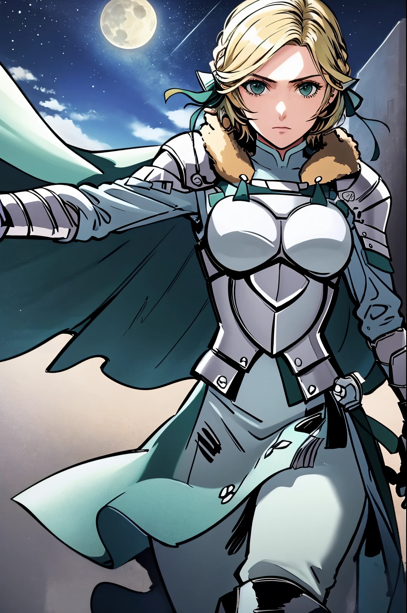 masterpiece, best quality,  waringrid, short hair, hair ribbons, shoulder armor, armor, breastplate, underbust, green coat, fur trim, vambraces, blue gloves, green skirt, white pants, green cape, standing, looking at viewer, night, moon, holding sword, sword