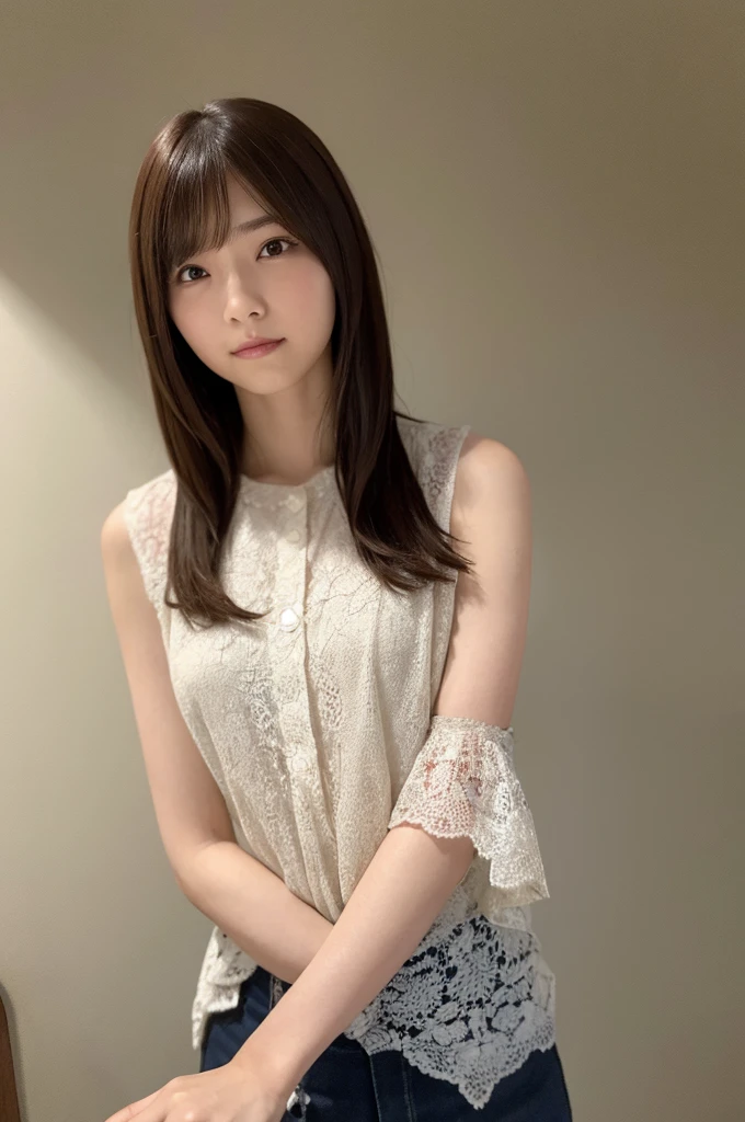 table top, highest quality, figure, super detailed, finely, High resolution, 8k wallpaper, 完璧なダイナミックな構figure, beautiful and fine eyes, blouse, medium hair,brown hair color ,small breasts, natural color lip, Cute poses that strangers seem to like,random situation,slender body,narrow side,20 year old girl,background blur,whole body