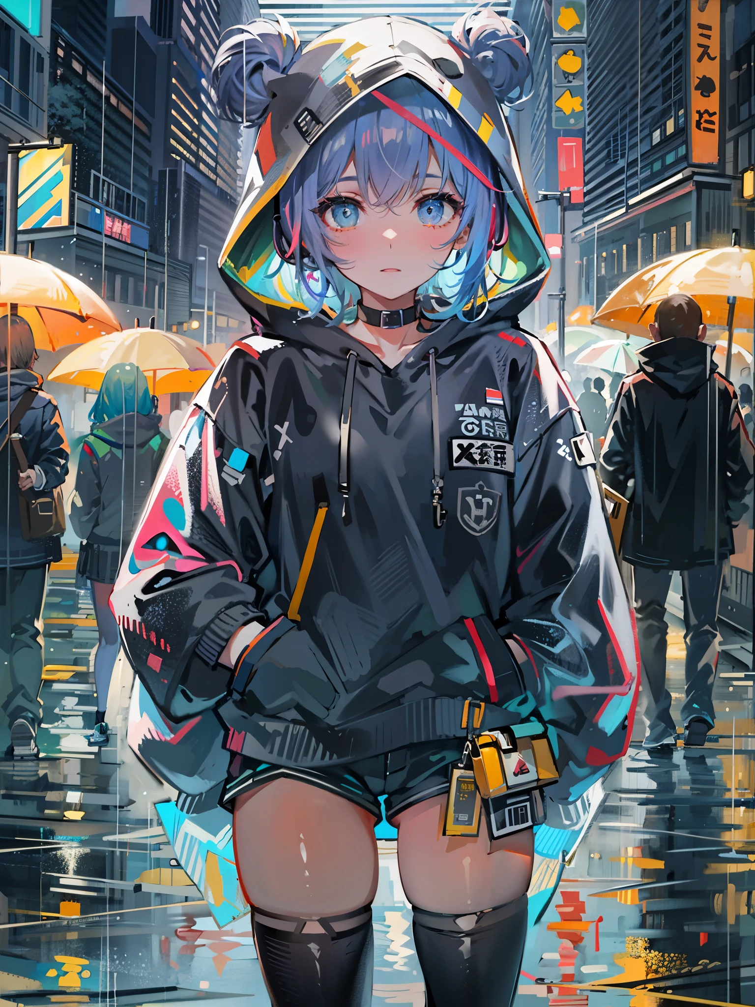 8K resolution、((highest quality))、((masterpiece))、((super detailed))、1 female、solo、incredibly absurd、oversized hoodie、headphones、street、outdoor、rain、neon、short cut hair、bright colored eyes、put one&#39;s hand in one&#39;s pocket、shorts、water dripping