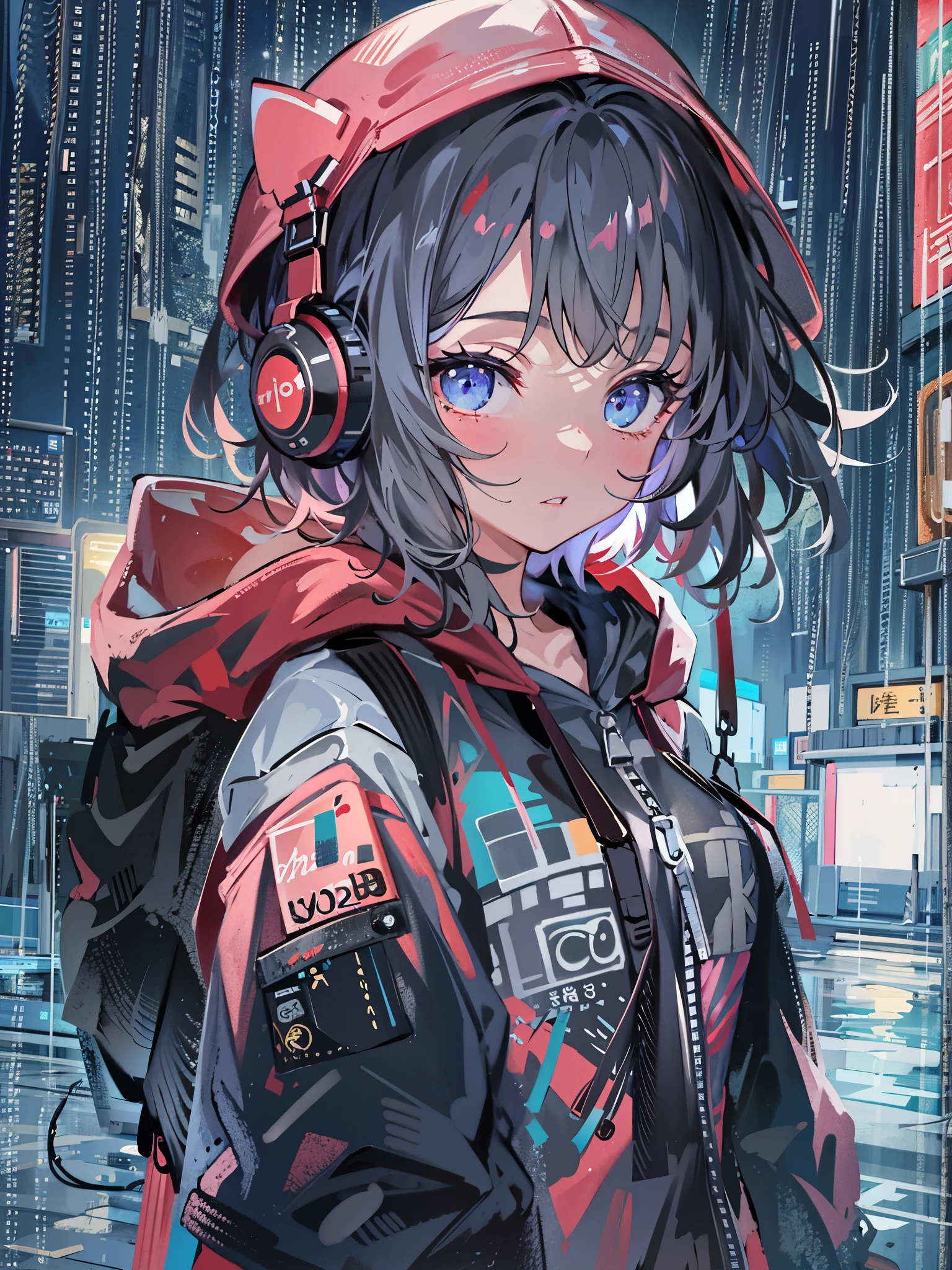 8K resolution、((highest quality))、((masterpiece))、((super detailed))、1 female、solo、incredibly absurd、oversized hoodie、headphones、street、outdoor、rain、neon、short cut hair、bright colored eyes、put one&#39;s hand in one&#39;s pocket、shorts、water dripping