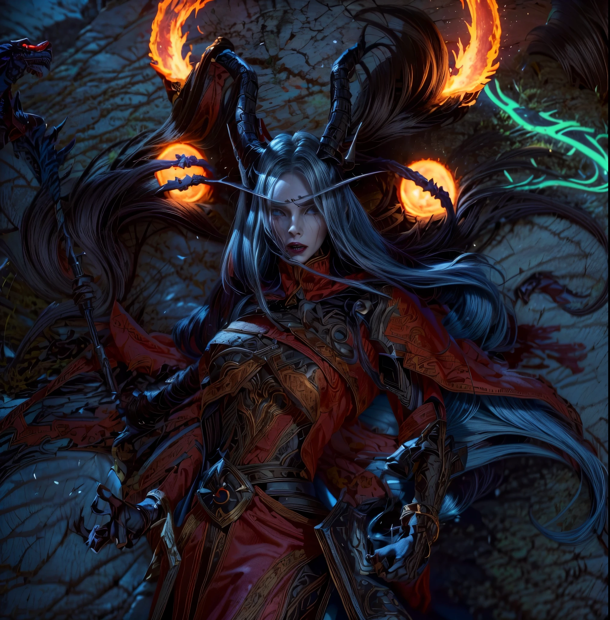 a close up of a woman in a costume with a dragon on her back, intimidating woman, sylvanas windrunner, north adult female warrior, black fire color reflected armor, intimidating stance, female revenant, from world of warcraft, appears as the fire goddess, deathknight, alexstrasza, wearing cloak on blasted plain, death knight, north female warrior