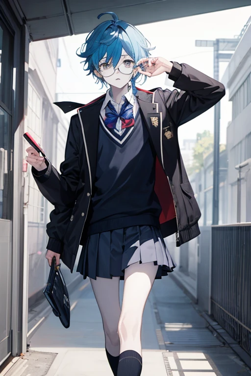 1 boy, Zombie, school uniform,jacket, Cute, Genshin's influence, anime,blue hair, White skin, gray eyes,School Corridor, glasses